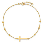 14K Cross and Diamond-cut Beads 9 inch Plus 1 inch Extender - Total 10 inch Anklet