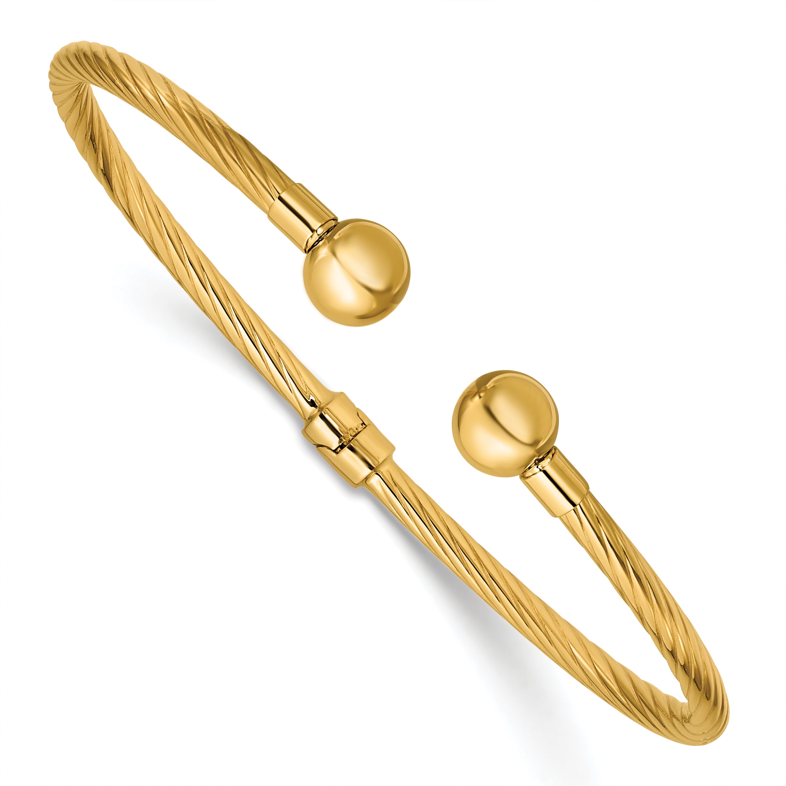 14K Polished and Twisted w/ Beads Hinged Cuff Bangle Main image