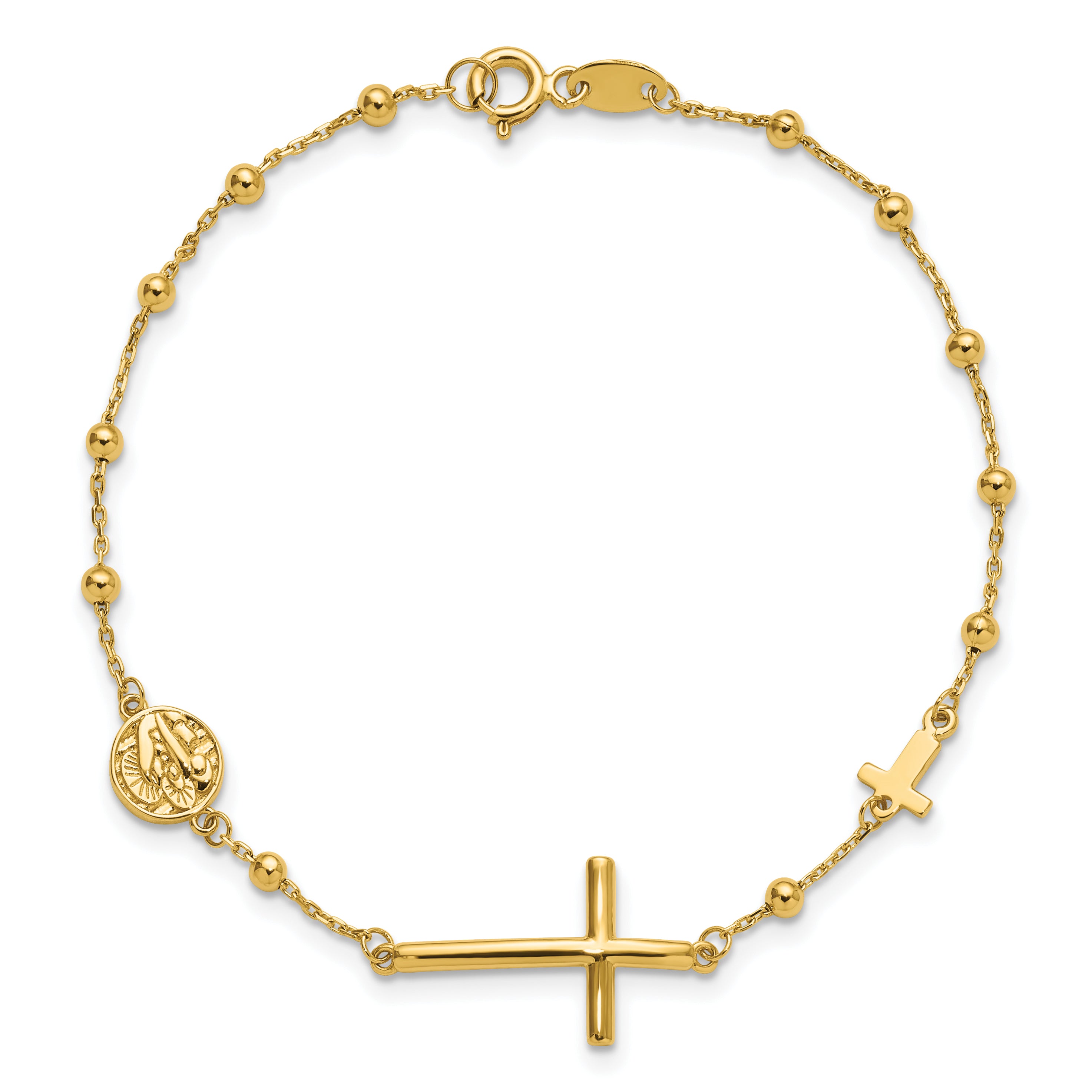 14K Polished Cross and Beaded Bracelet