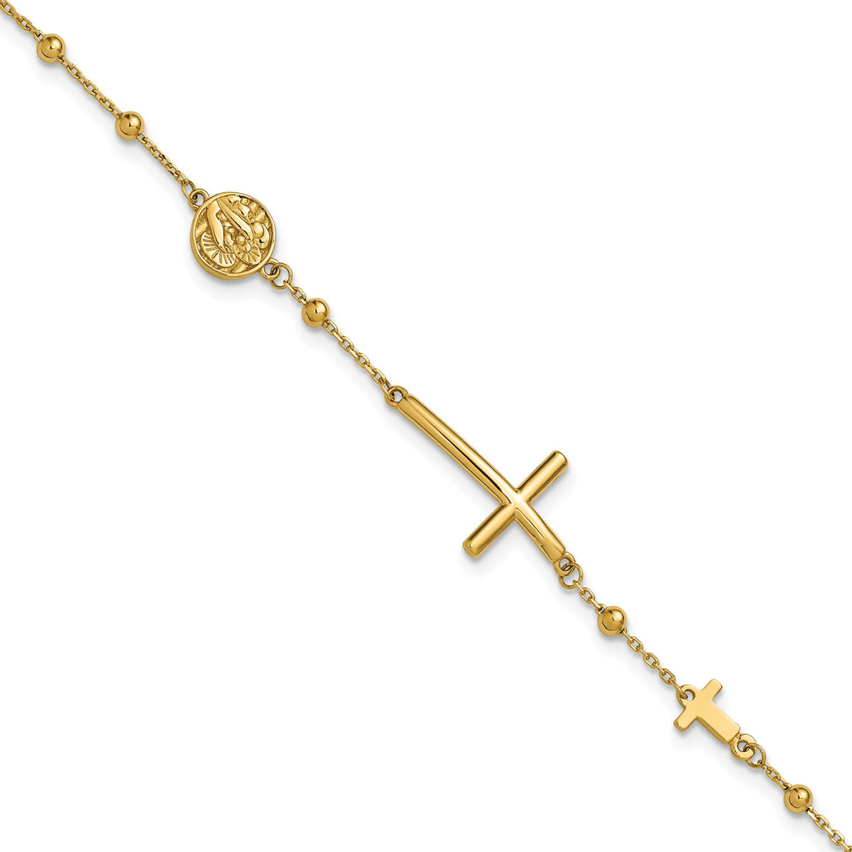 Cross & Beaded Bracelet in 14K Yellow Gold, 7.5 Inch - Sophia Jewelers Main image