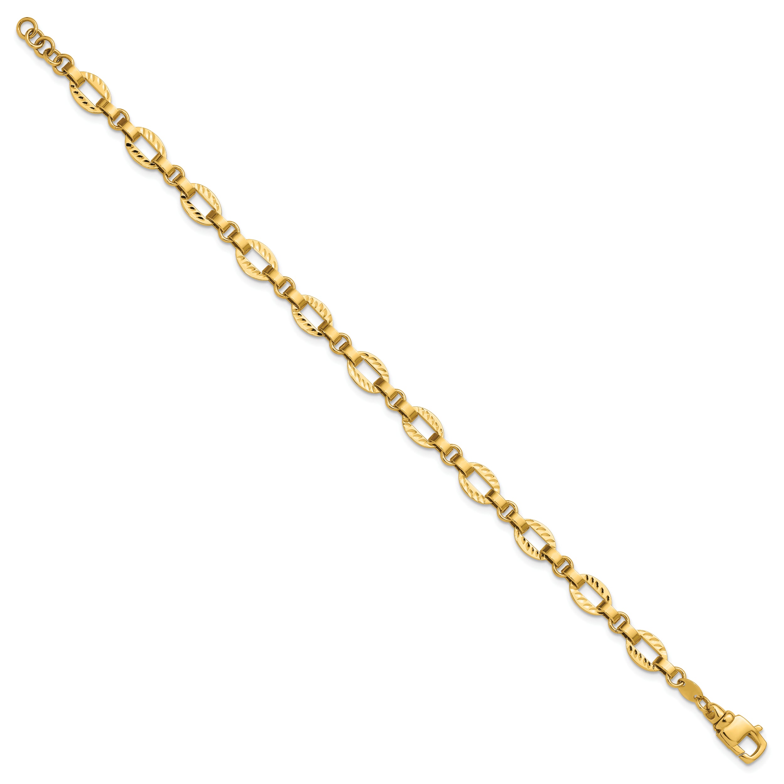 14K Polished and Diamond-cut Fancy Link w/.5in Ext. Bracelet