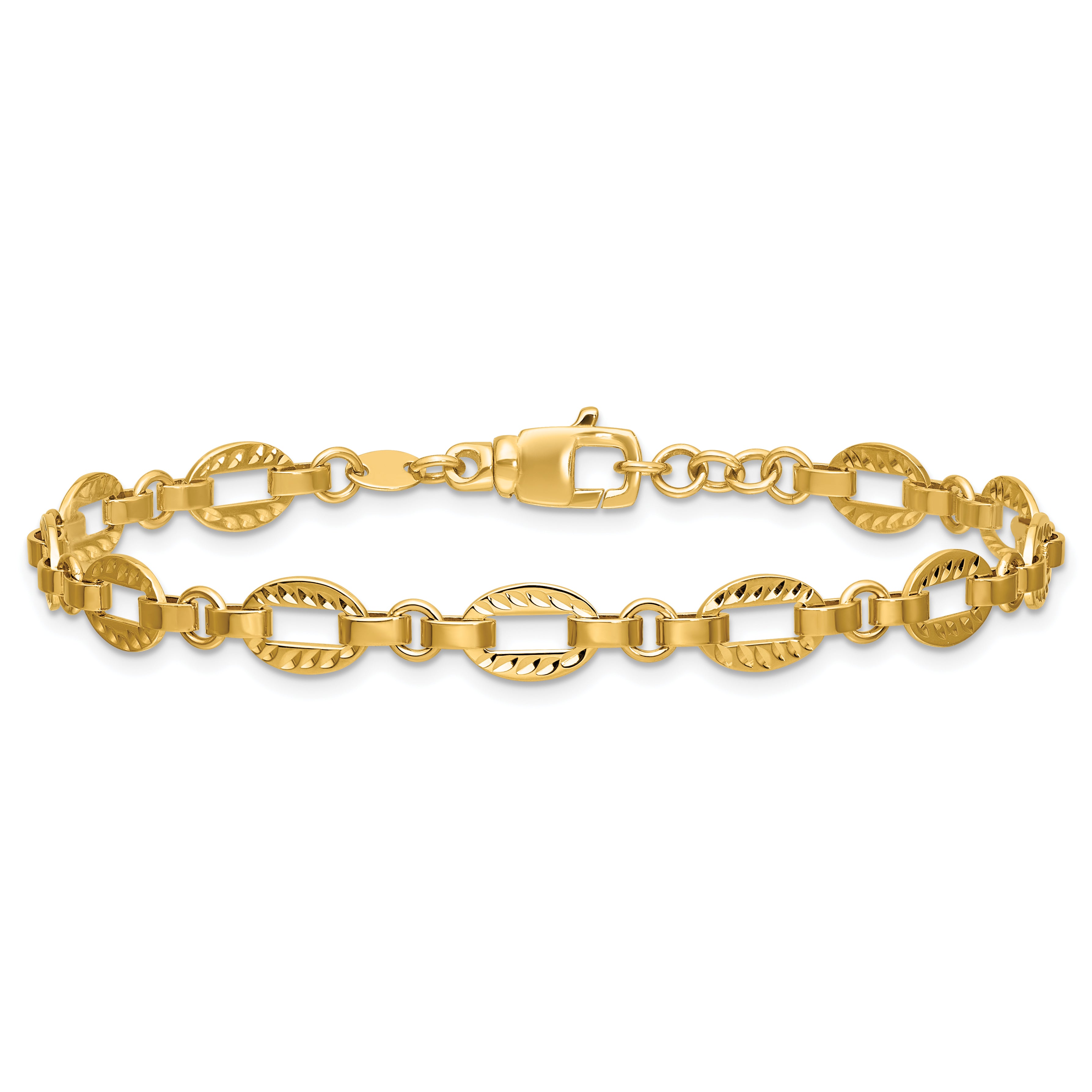 14K Polished and Diamond-cut Fancy Link w/.5in Ext. Bracelet