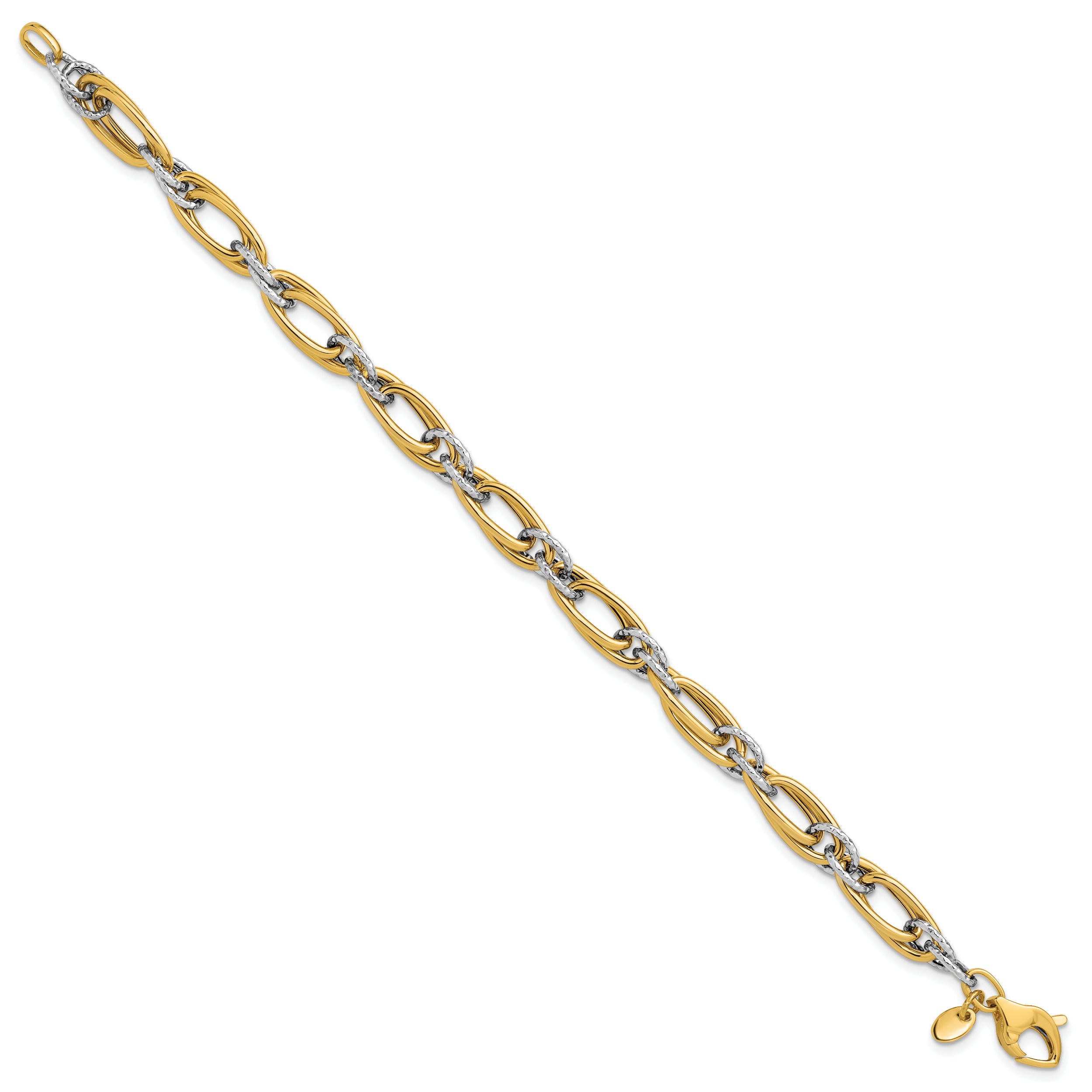 14K Two-tone Polished and Textured Fancy link Bracelet