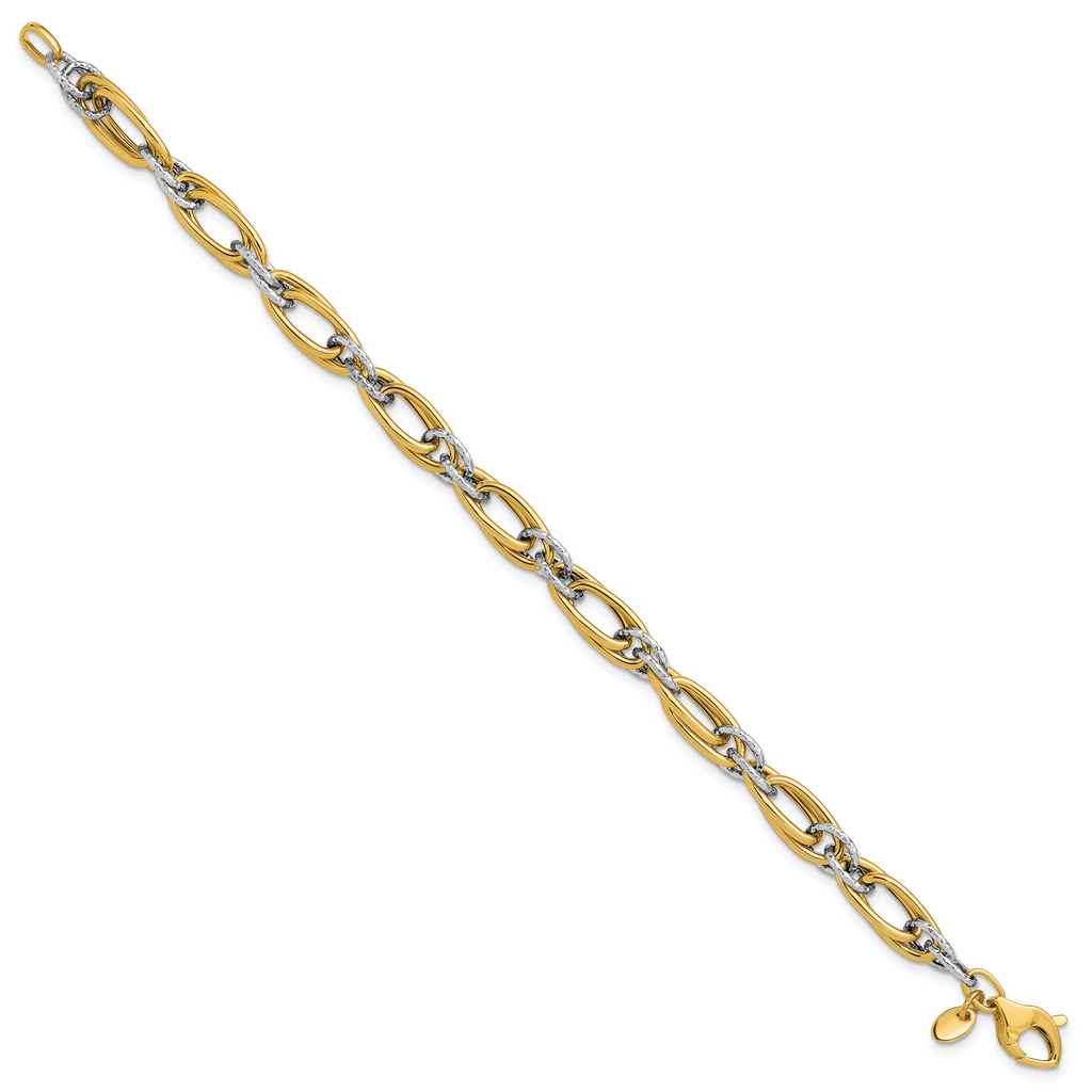 14K Two-tone Polished and Textured Fancy link Bracelet