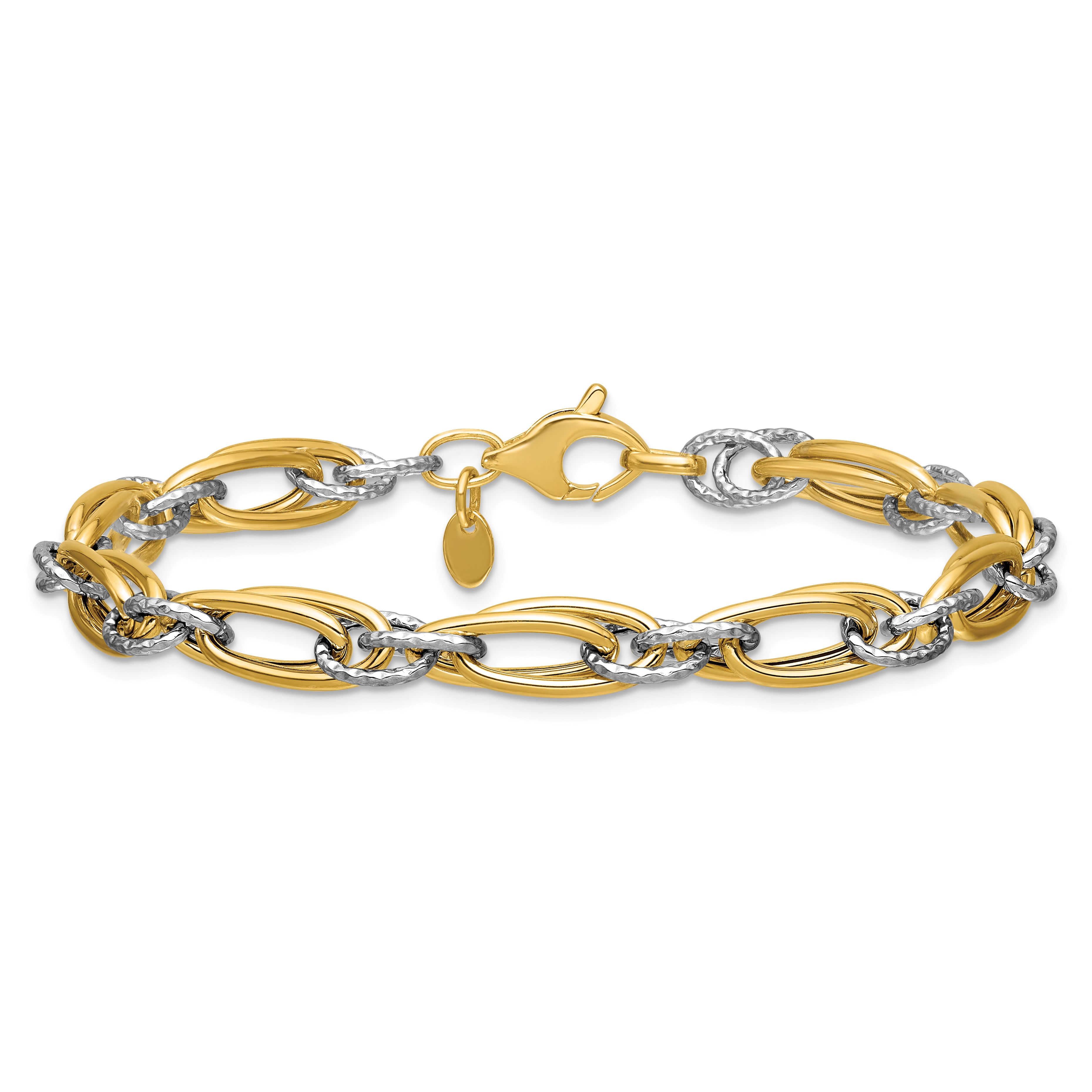 14K Two-tone Polished and Textured Fancy link Bracelet