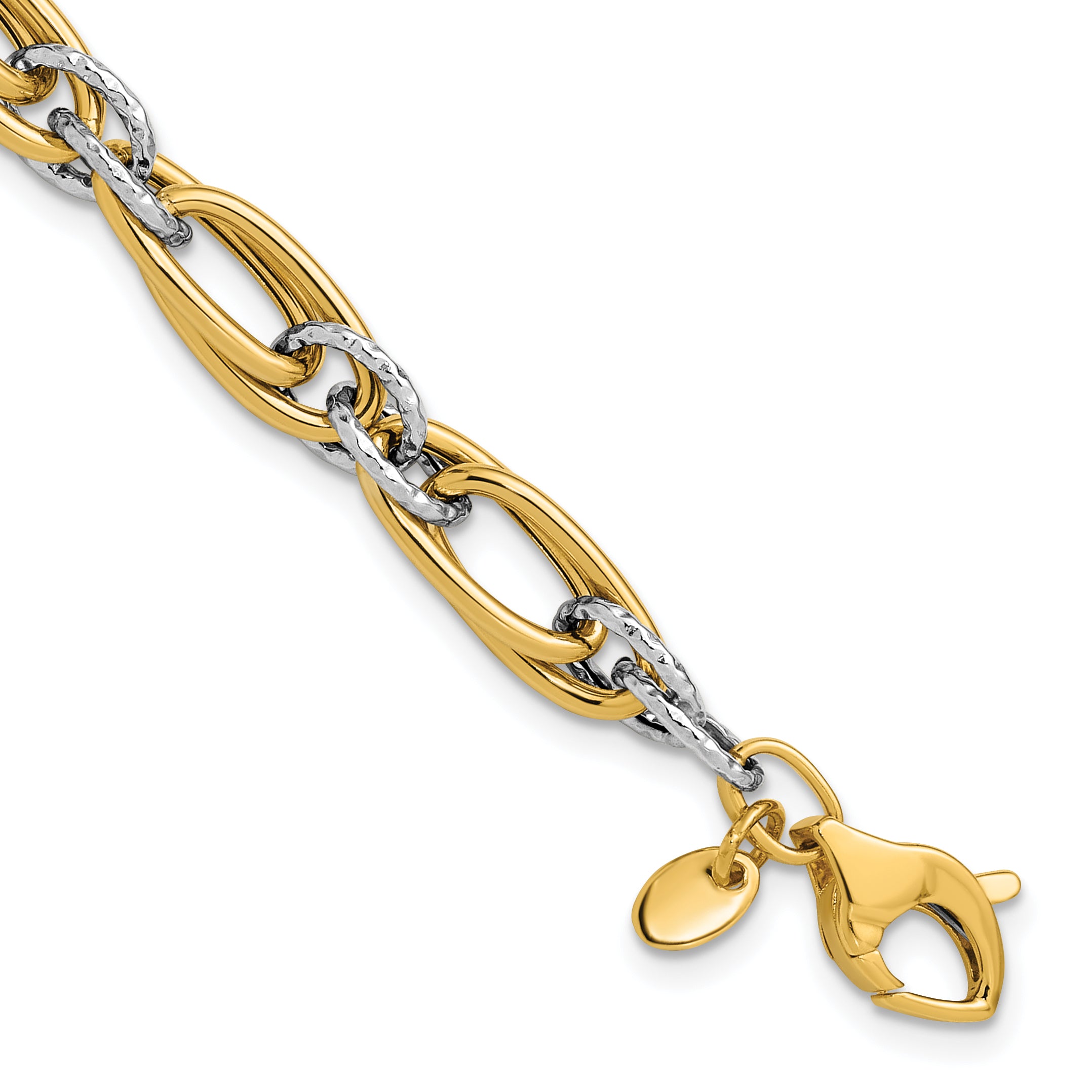 14K Two-tone Polished and Textured Fancy link Bracelet