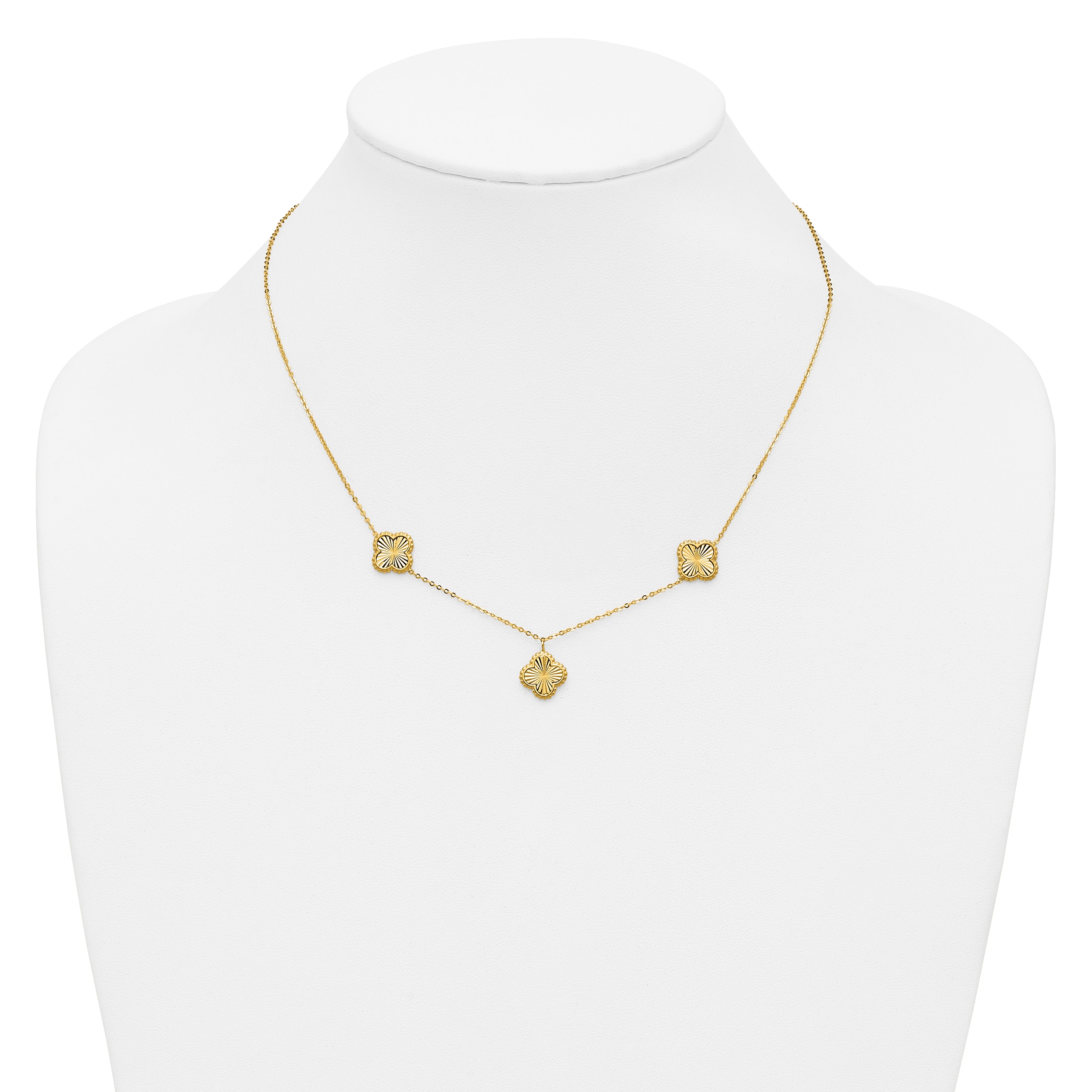 14K Polished and Diamond-cut Clover Station Necklace