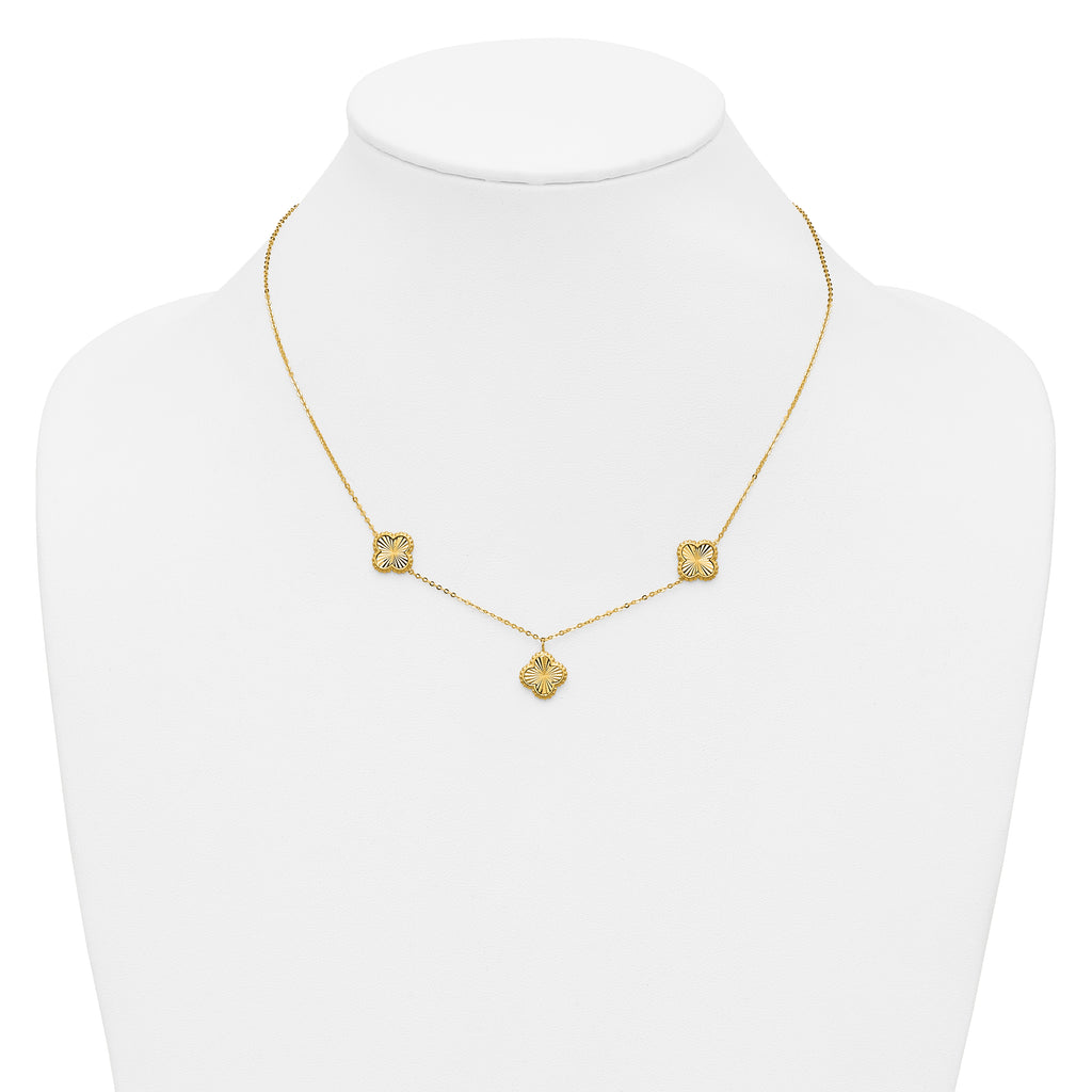 14K Polished and Diamond-cut Clover Station Necklace