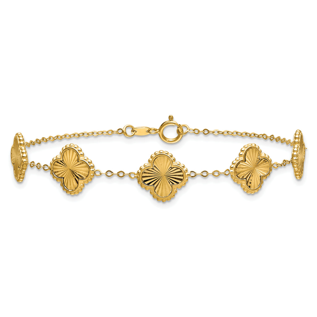 14K Polished and Diamond-cut Clover Station Bracelet