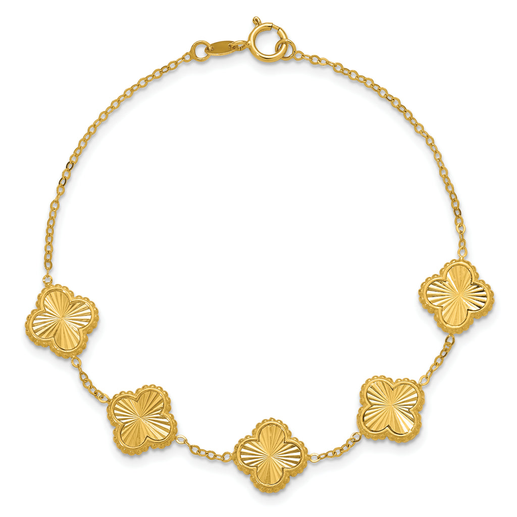 14K Polished and Diamond-cut Clover Station Bracelet