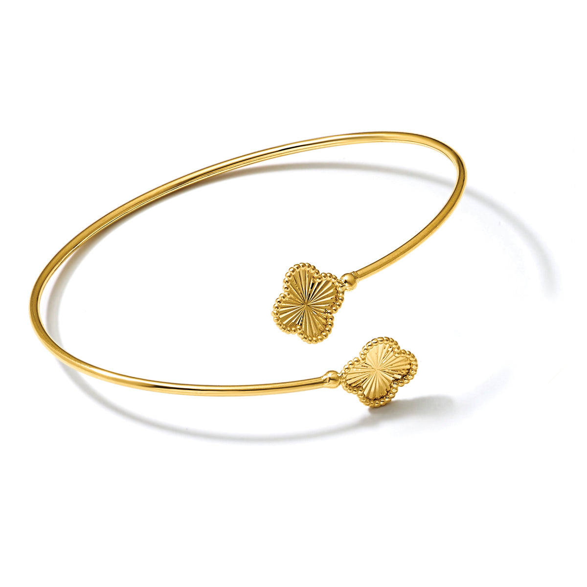 14K Polished and Diamond-cut Clover Flexible Cuff Bangle