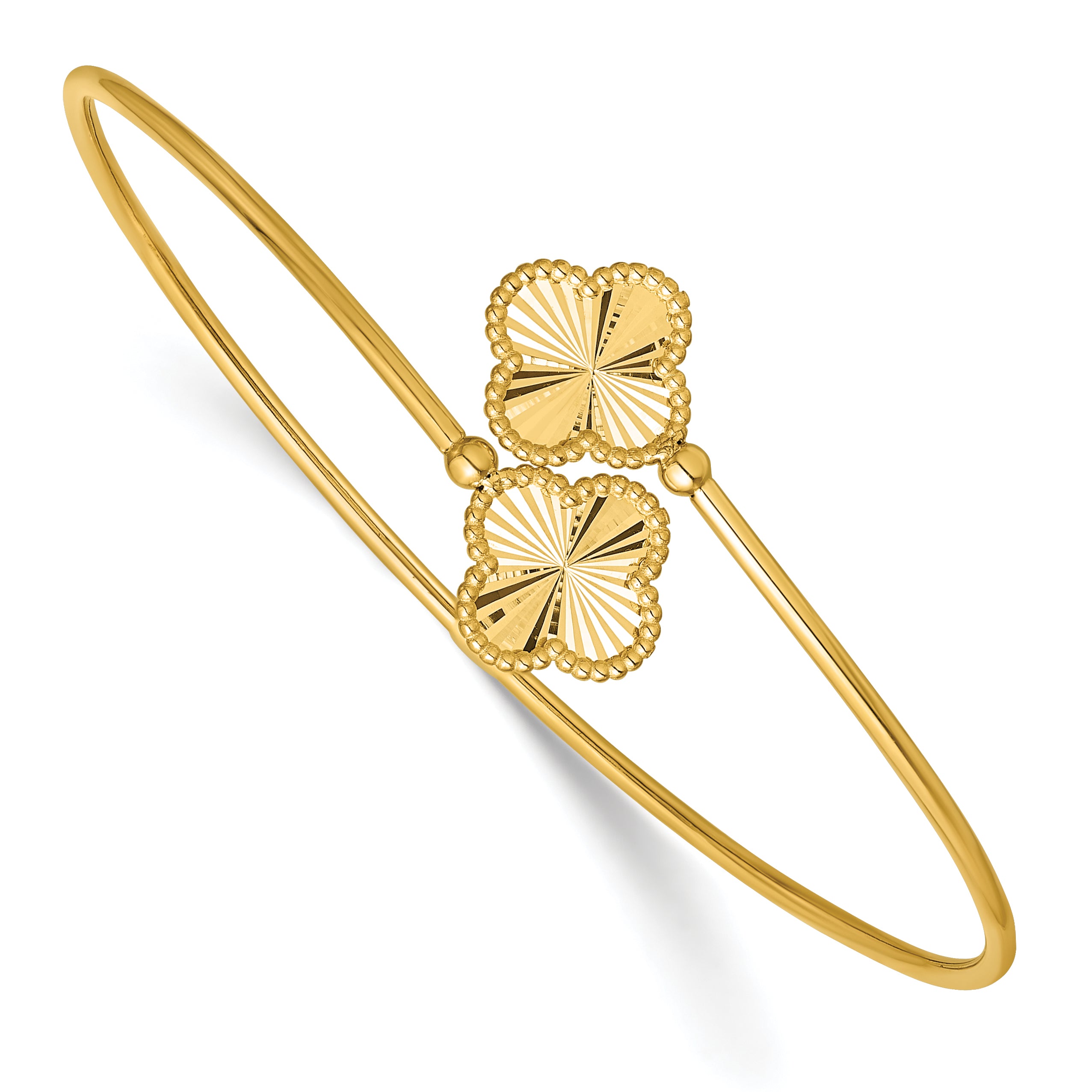 14K Polished and Diamond-cut Clover Flexible Cuff Bangle