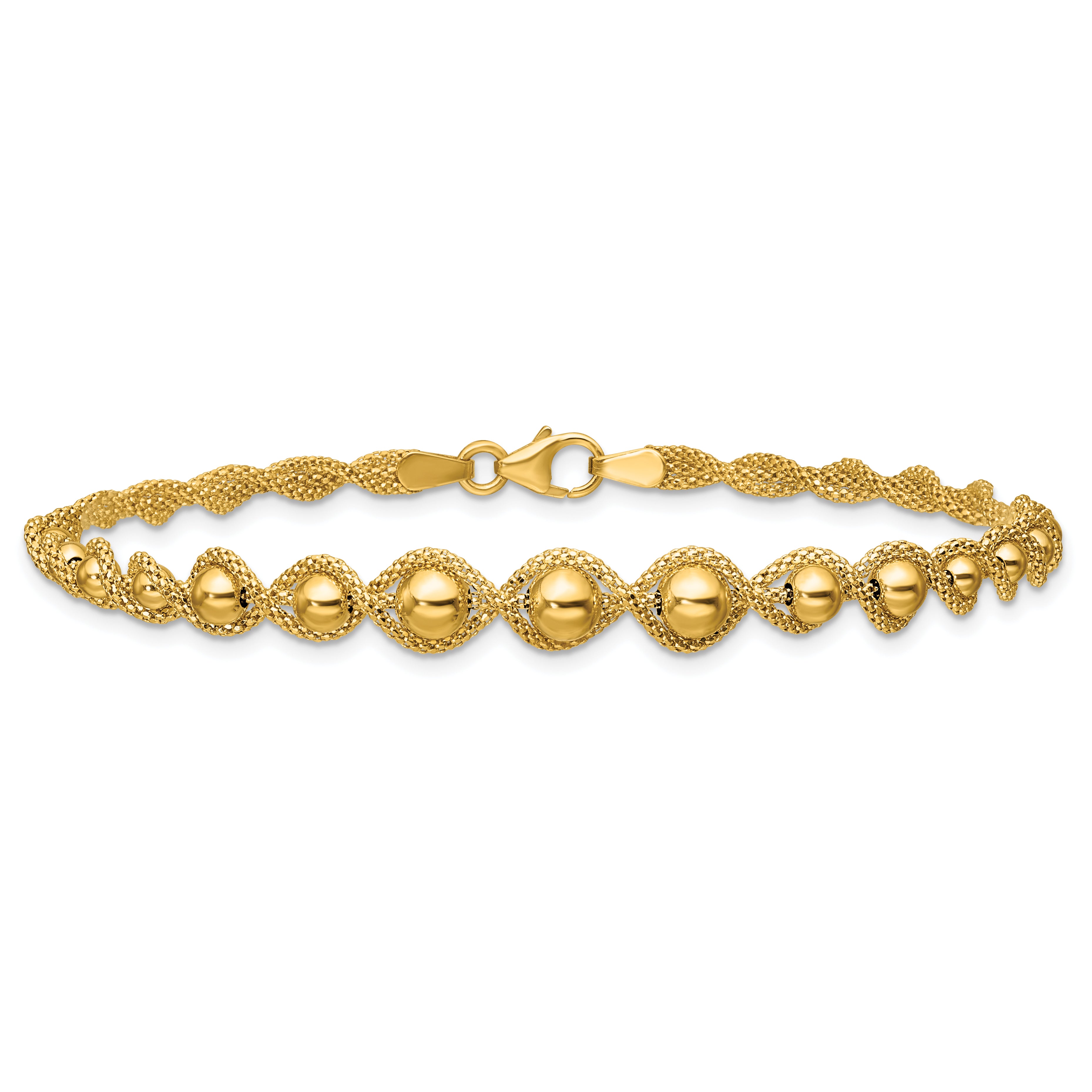 14K Polished and Diamond-cut Twisted Beaded Bracelet