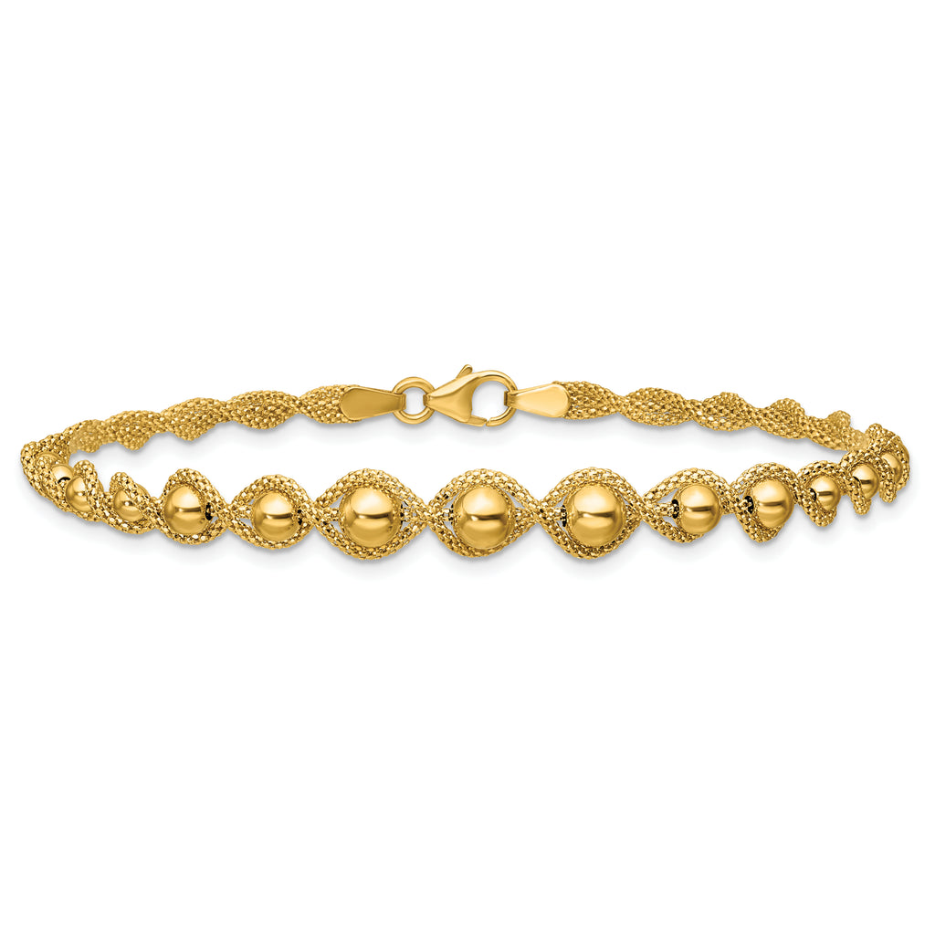 14K Polished and Diamond-cut Twisted Beaded Bracelet