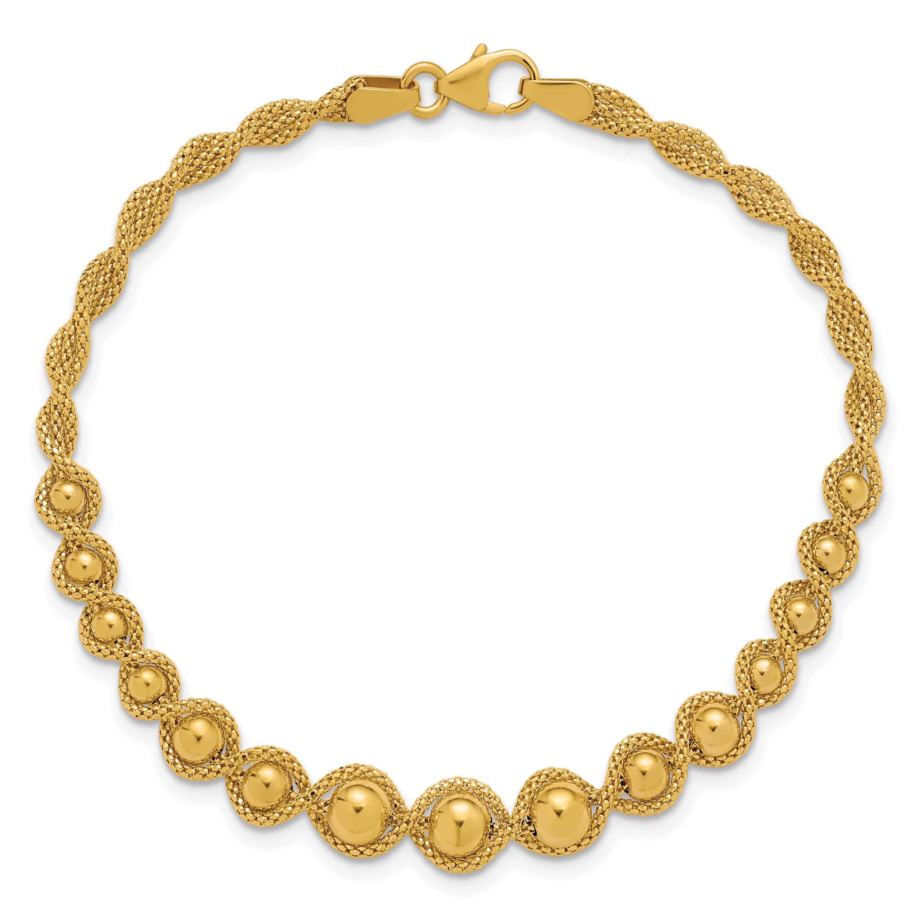 14K Polished and Diamond-cut Twisted Beaded Bracelet