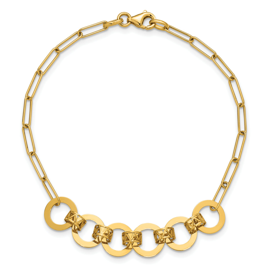 14K Polished Circles Paperclip Link Bracelet