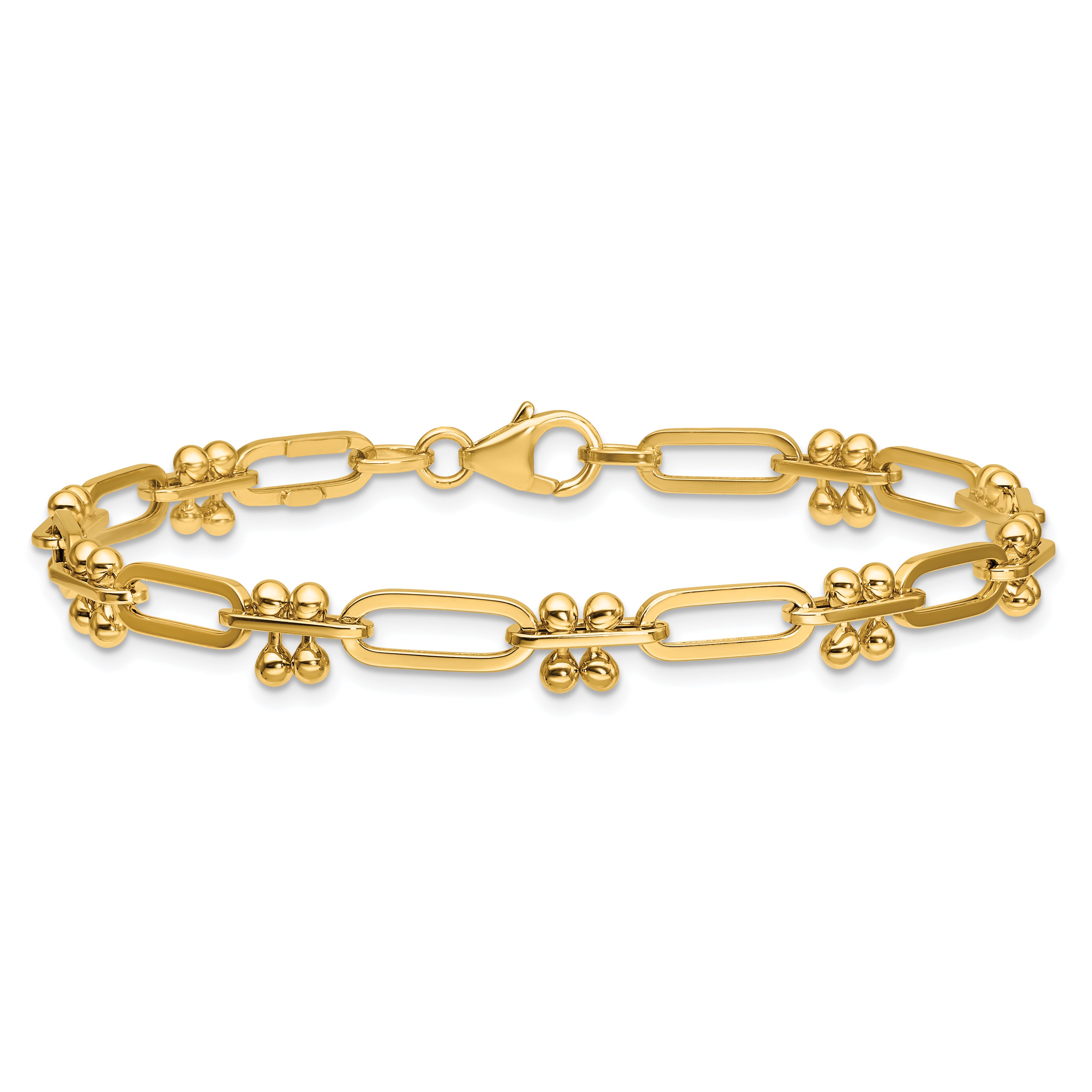 14K Polished and Beaded Fancy Paperclip Bracelet