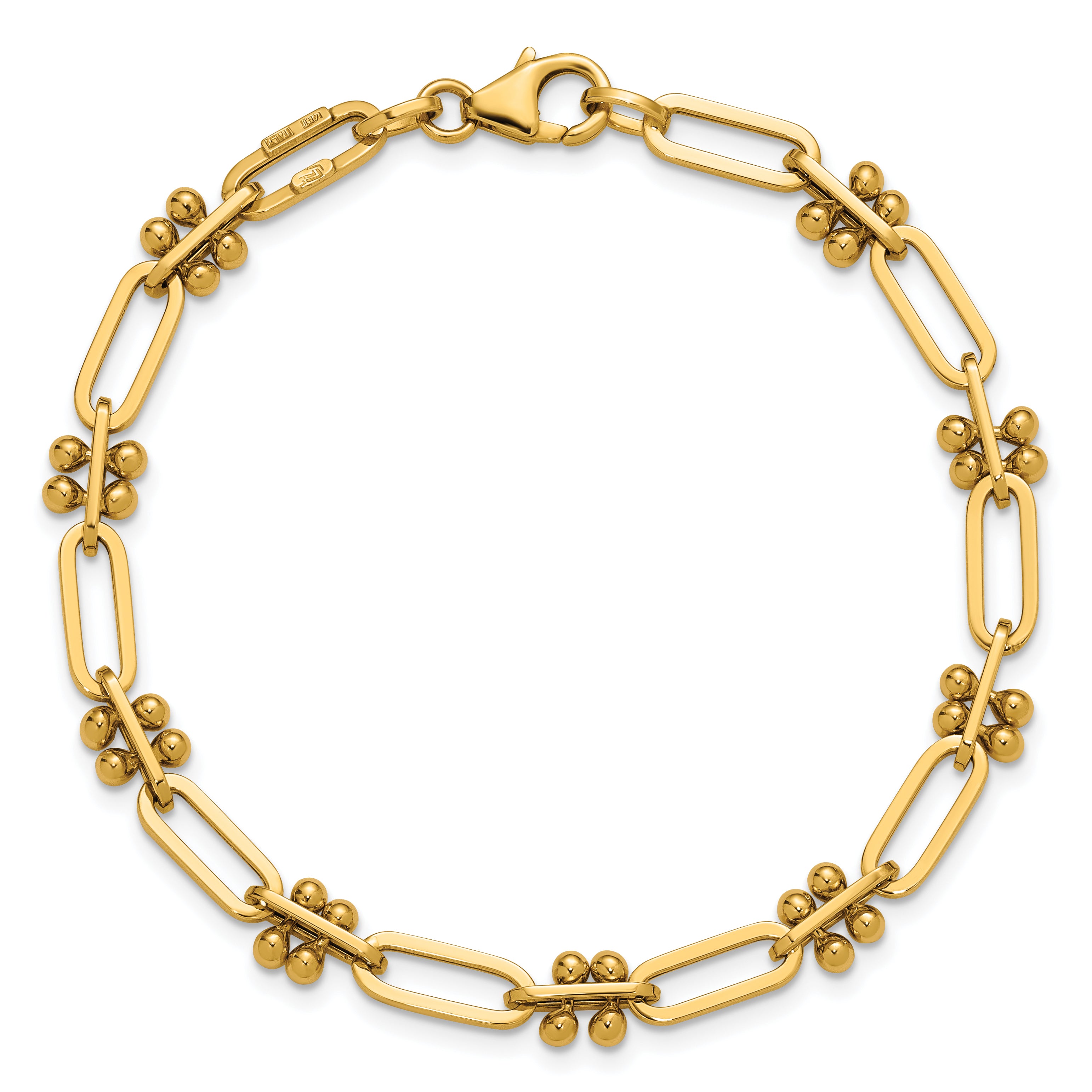 14K Polished and Beaded Fancy Paperclip Bracelet