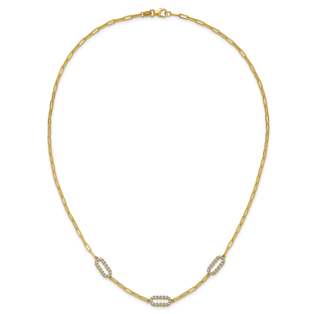 14K w/White Rhodium Polished and Dia-cut Paperclip Fancy Necklace