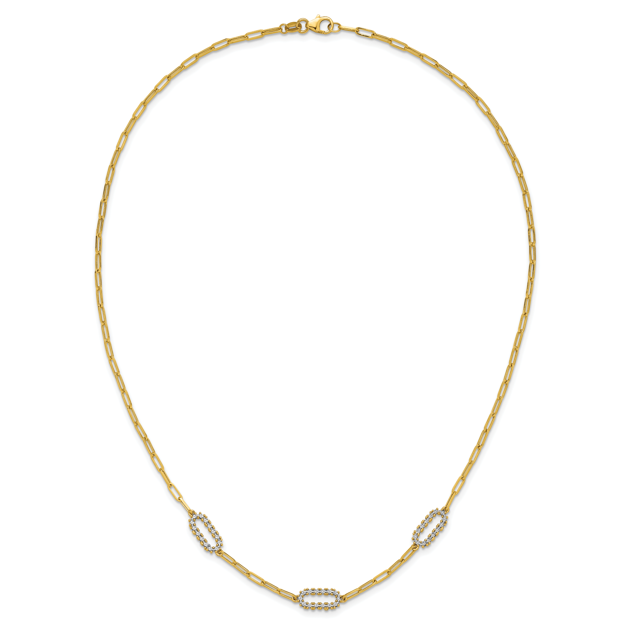 14K w/White Rhodium Polished and Dia-cut Paperclip Fancy Necklace