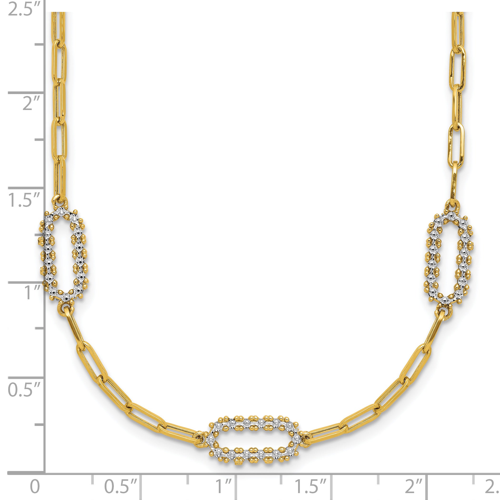 14K w/White Rhodium Polished and Dia-cut Paperclip Fancy Necklace