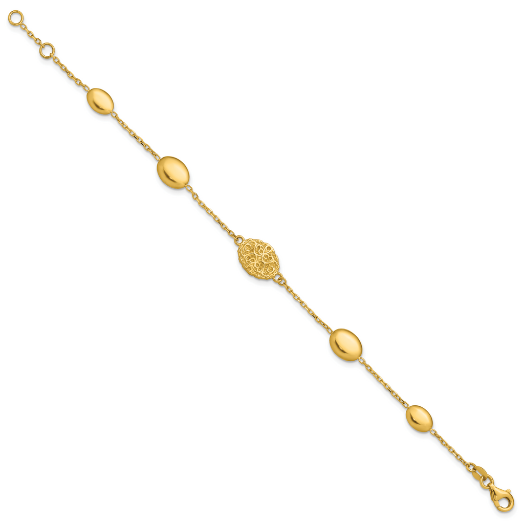 14K Polished Oval Textured w/.5in Ext. Fancy Bracelet