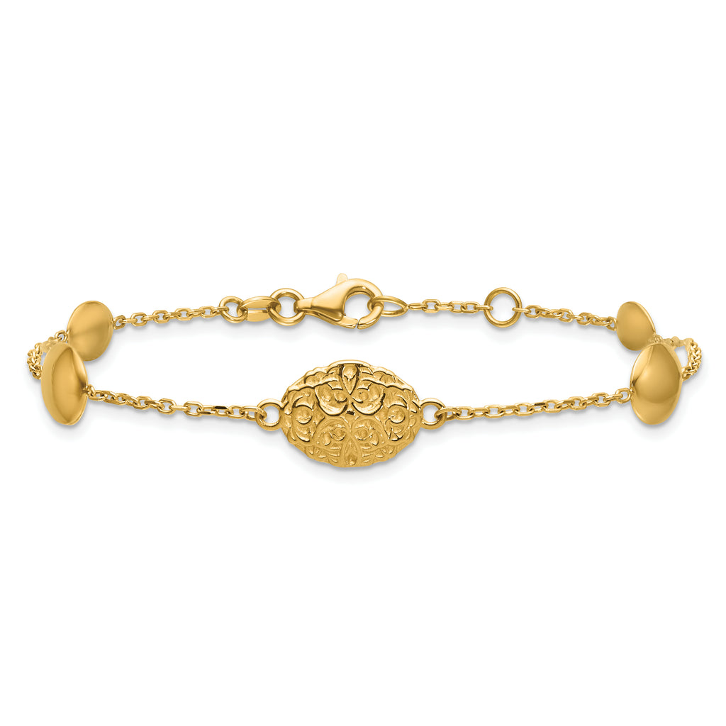 14K Polished Oval Textured w/.5in Ext. Fancy Bracelet
