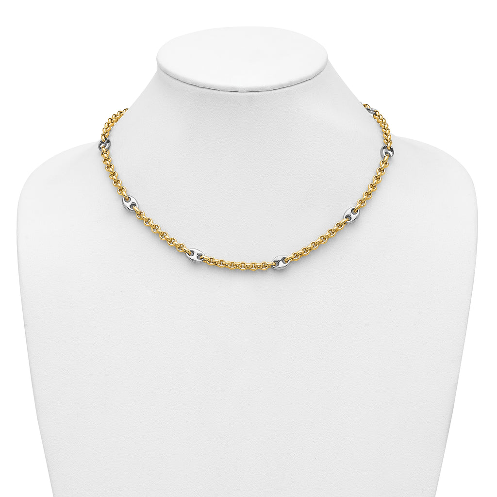 14K Two-tone Polished Fancy Puffed Mariner Link Necklace