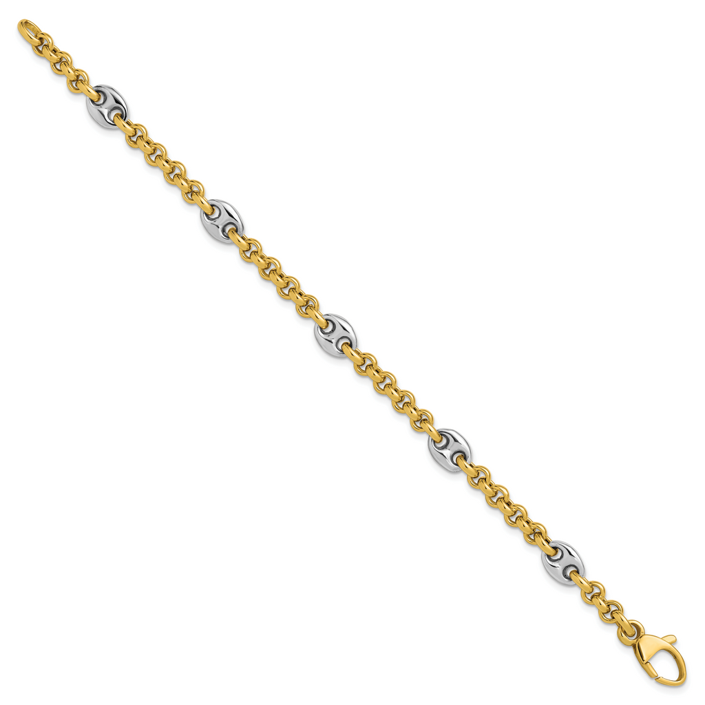 14K Two-tone Polished Fancy Puffed Mariner Link Bracelet