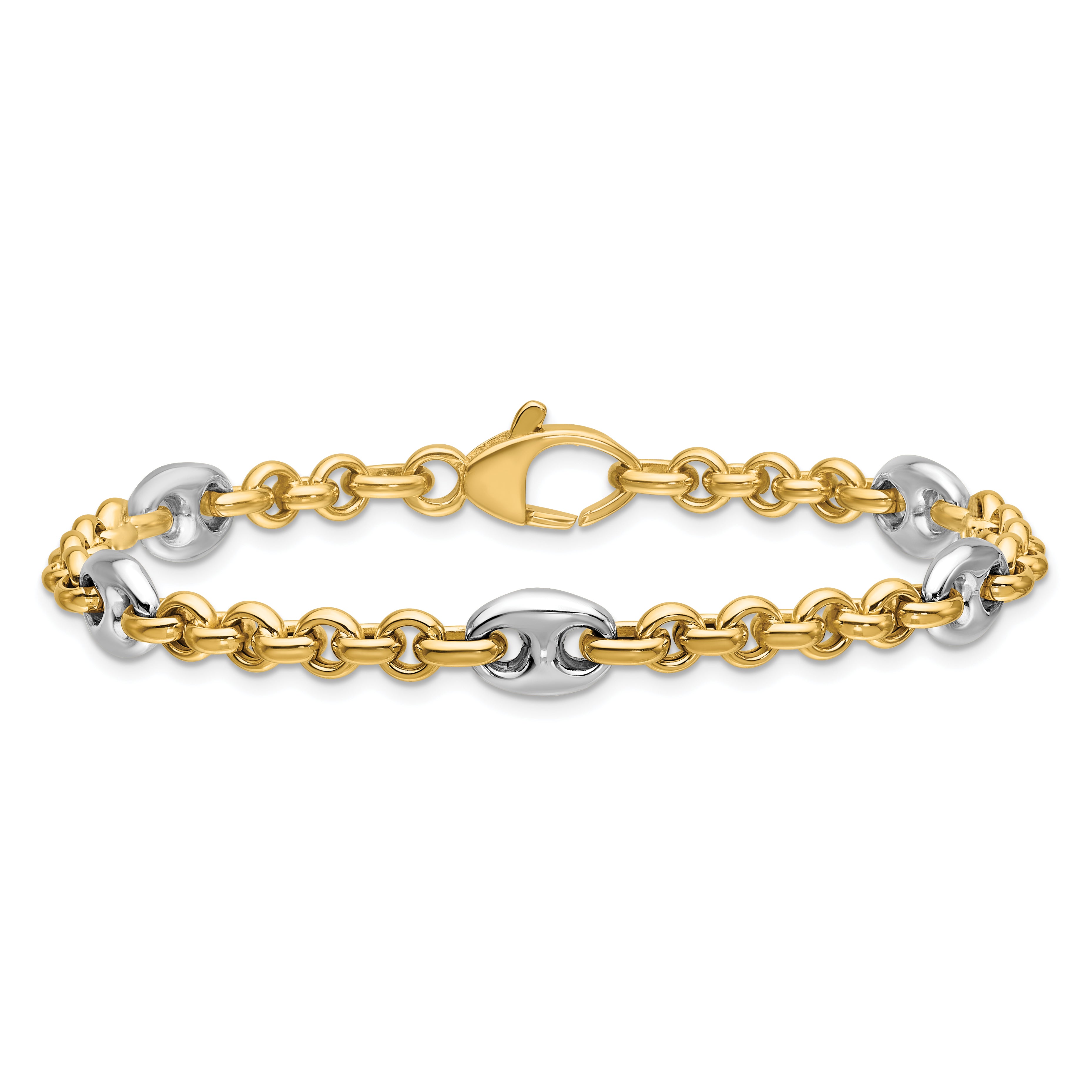 14K Two-tone Polished Fancy Puffed Mariner Link Bracelet