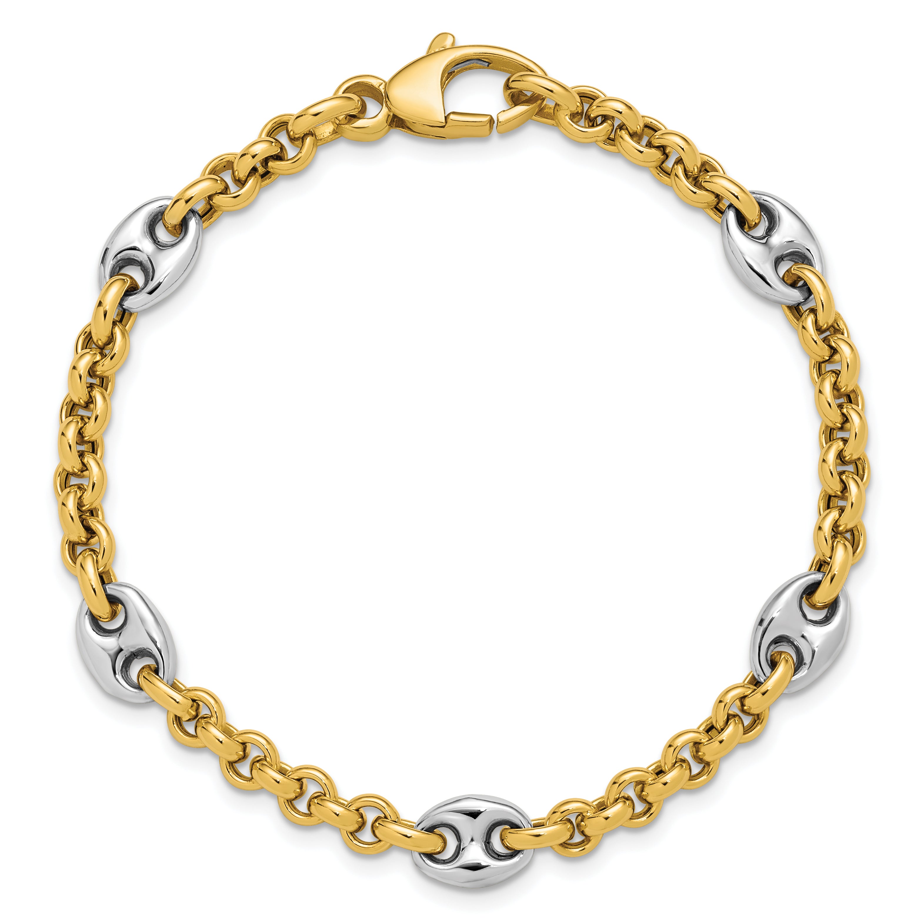 14K Two-tone Polished Fancy Puffed Mariner Link Bracelet