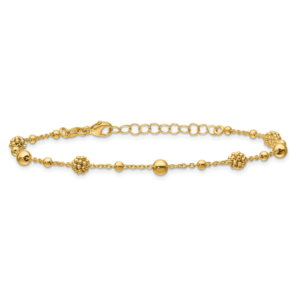 14K Polished Dia-cut Beaded w/ 1in ext. Bracelet