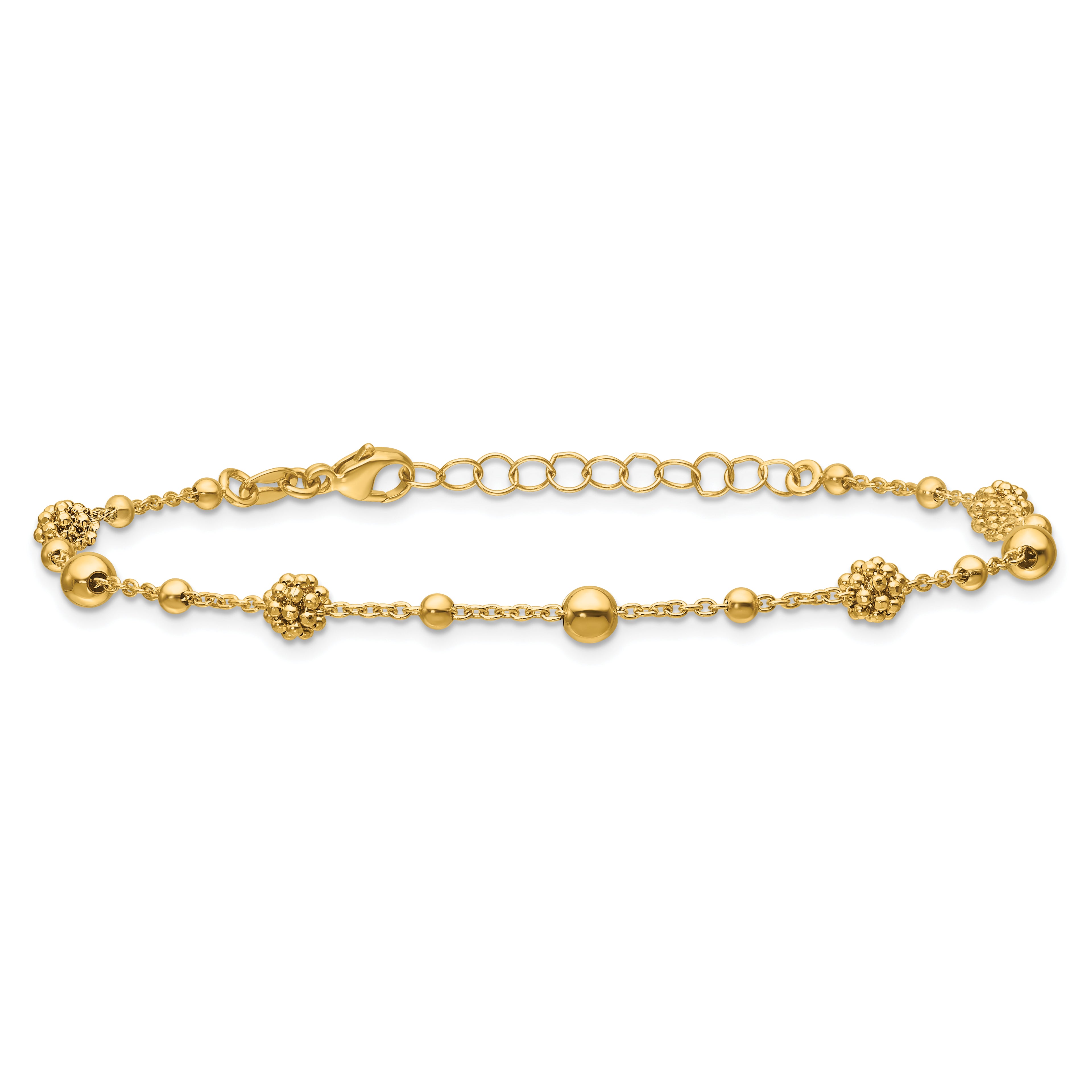 14K Polished Dia-cut Beaded w/ 1in ext. Bracelet