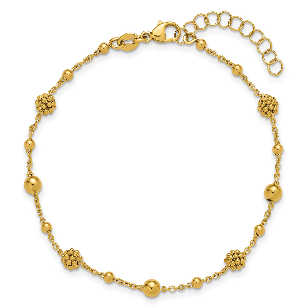 14K Polished Dia-cut Beaded w/ 1in ext. Bracelet
