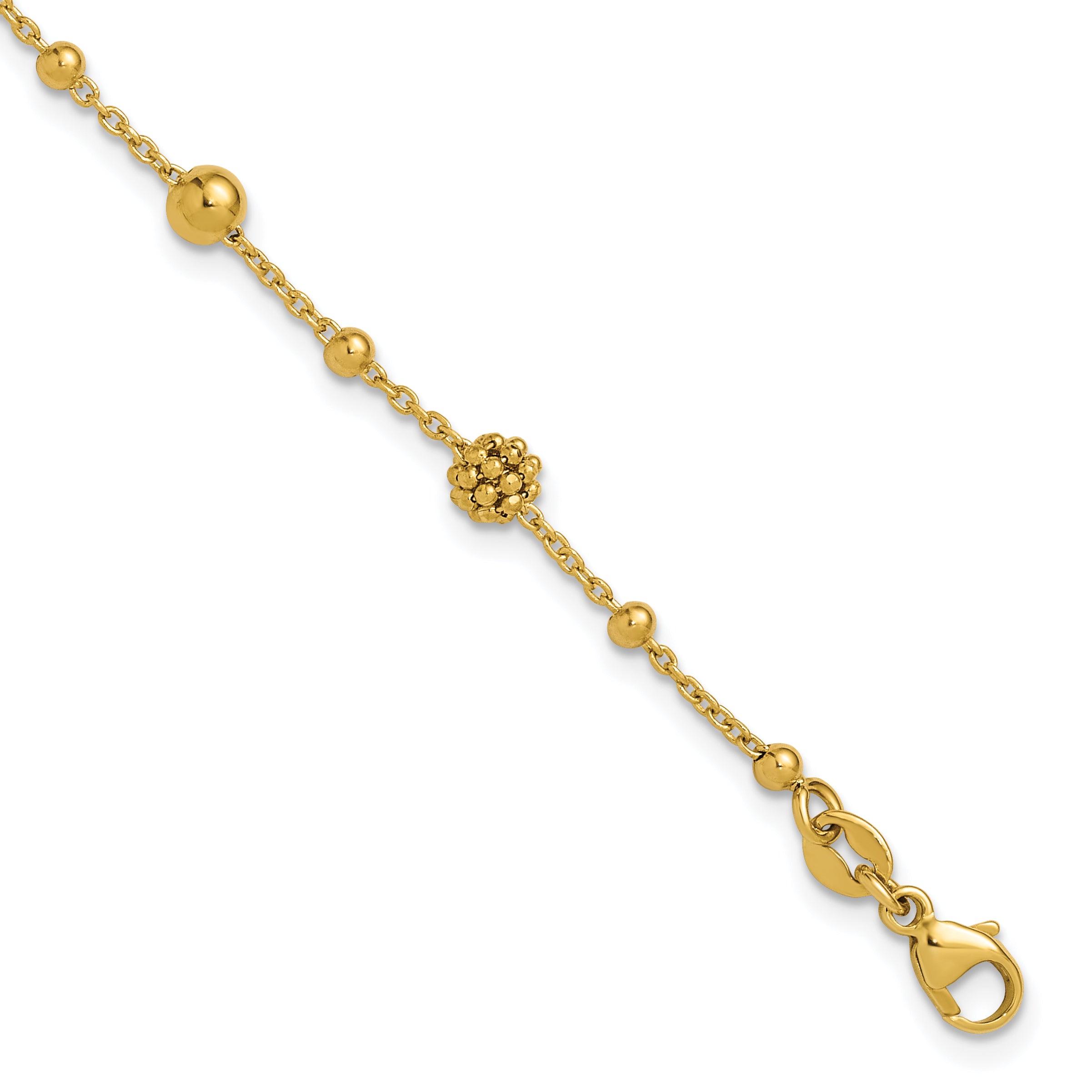14K Polished Dia-cut Beaded w/ 1in ext. Bracelet