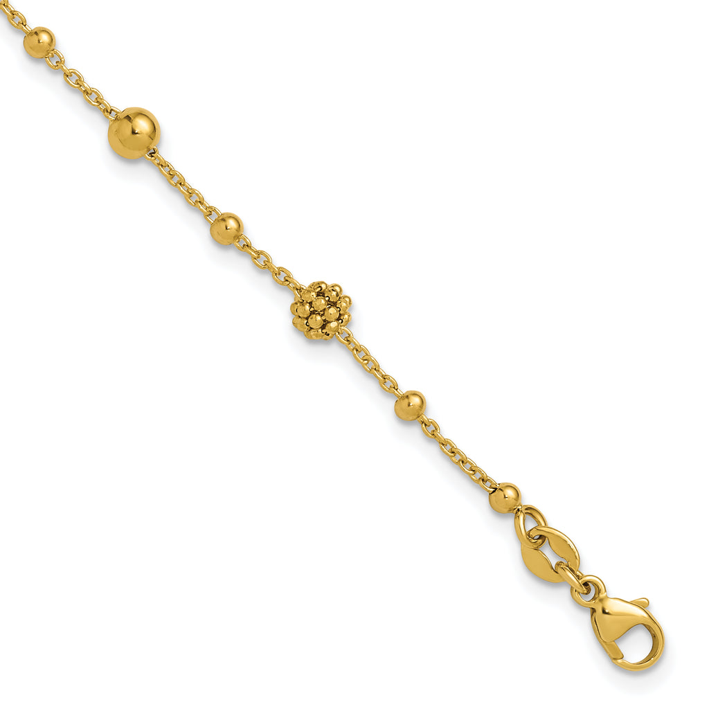 14K Polished Dia-cut Beaded w/ 1in ext. Bracelet