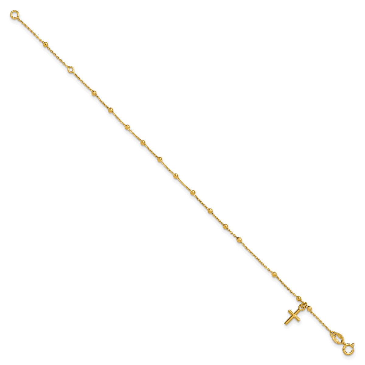 14K Polished Beaded Cross w/.5in ext. Rosary Bracelet
