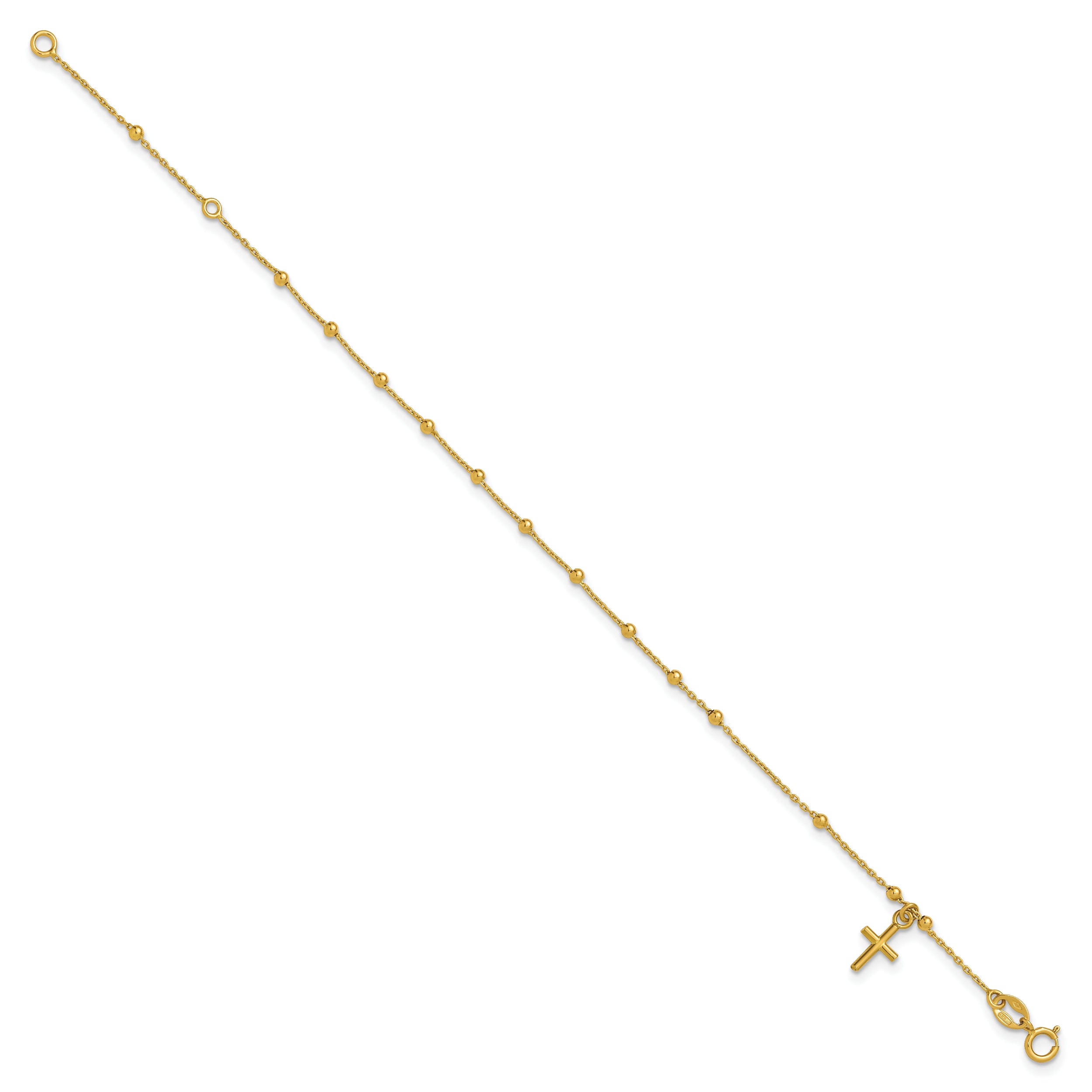 14K Polished Beaded Cross w/.5in ext. Rosary Bracelet