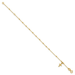 14K Polished Beaded Cross w/.5in ext. Rosary Bracelet