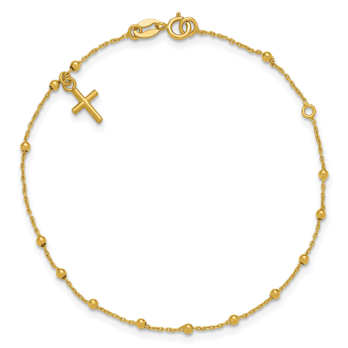 14K Polished Beaded Cross w/.5in ext. Rosary Bracelet