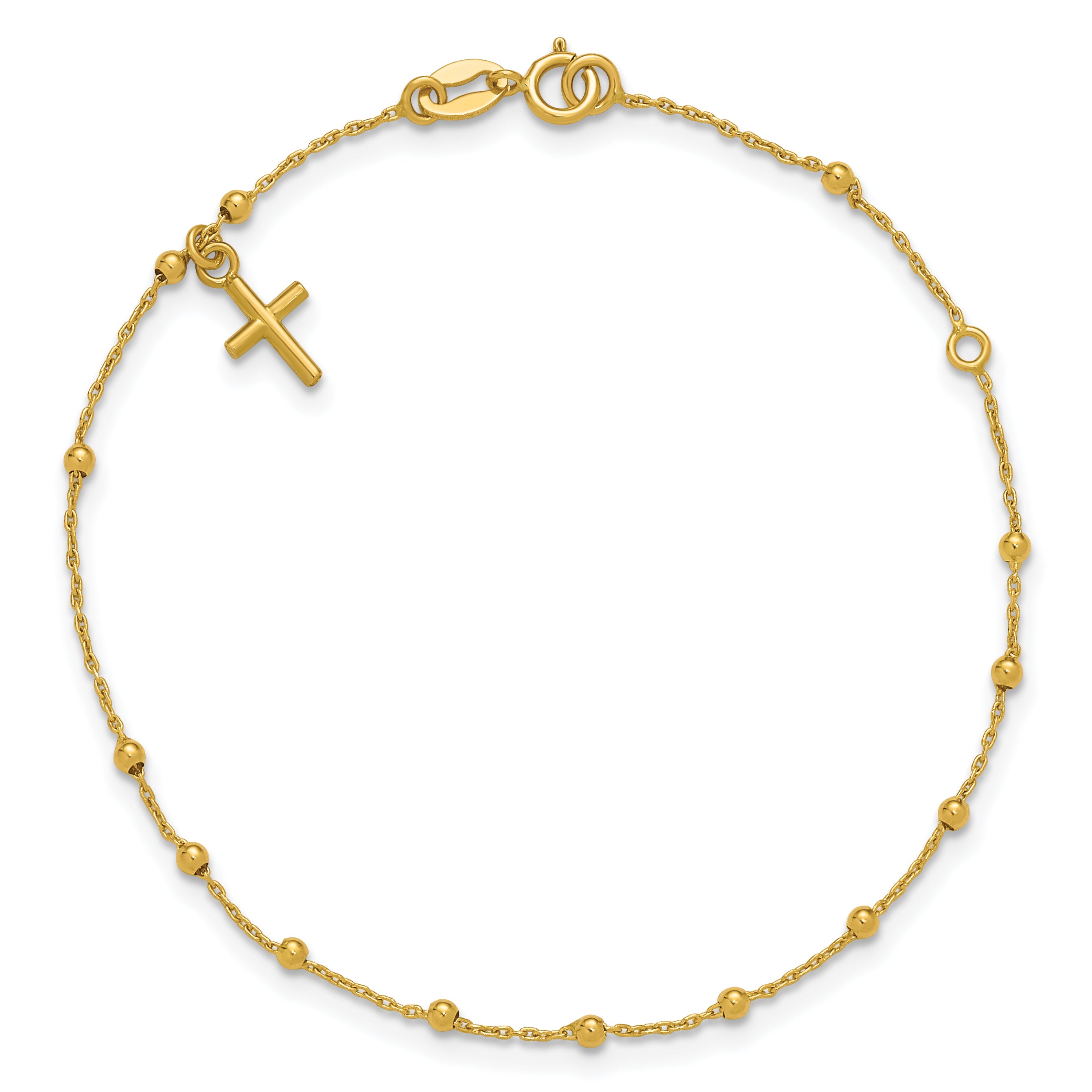 14K Polished Beaded Cross w/.5in ext. Rosary Bracelet