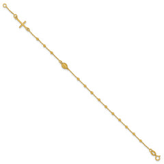 14K Polished Beaded Cross w/.5in ext. Rosary Bracelet
