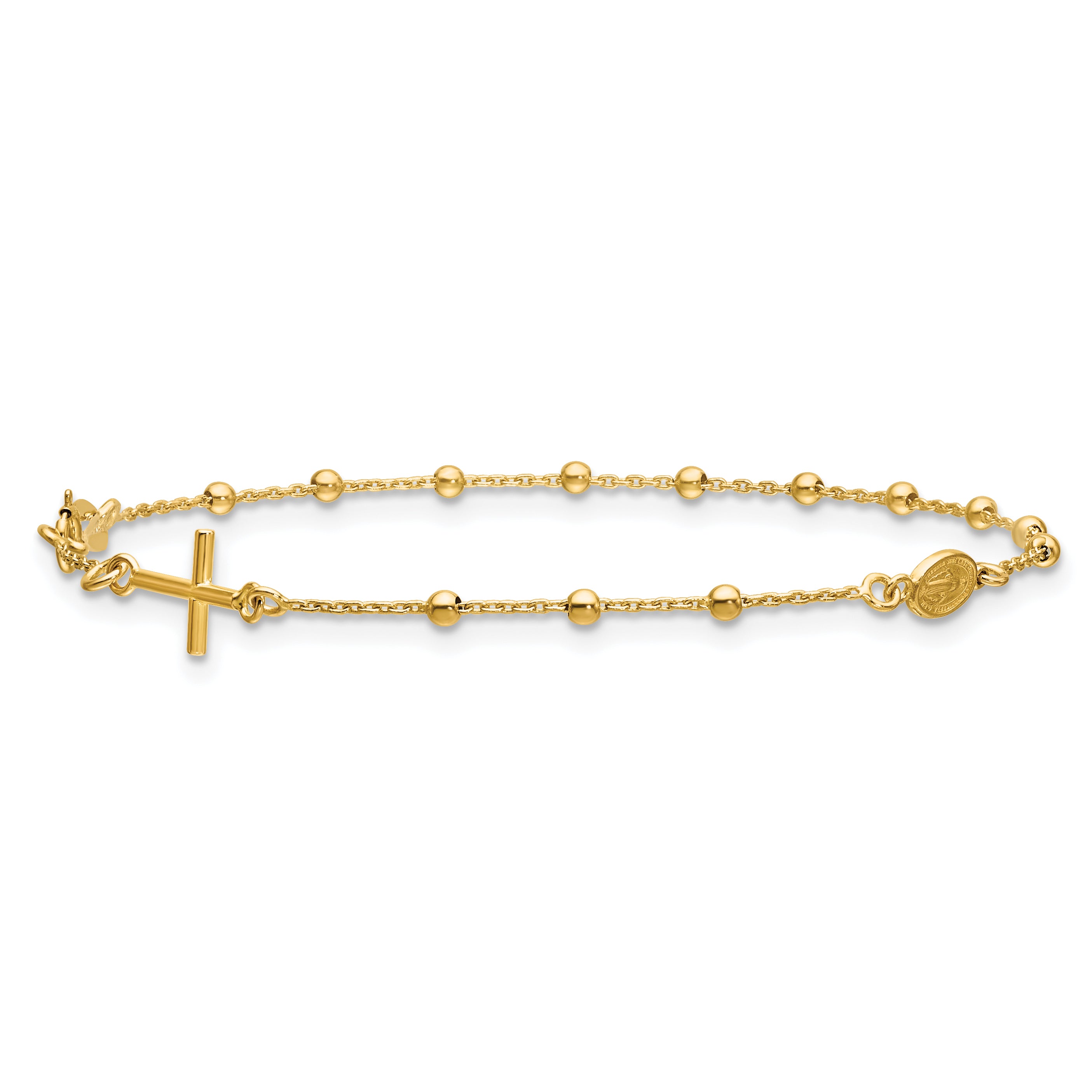 14K Polished Beaded Cross w/.5in ext. Rosary Bracelet