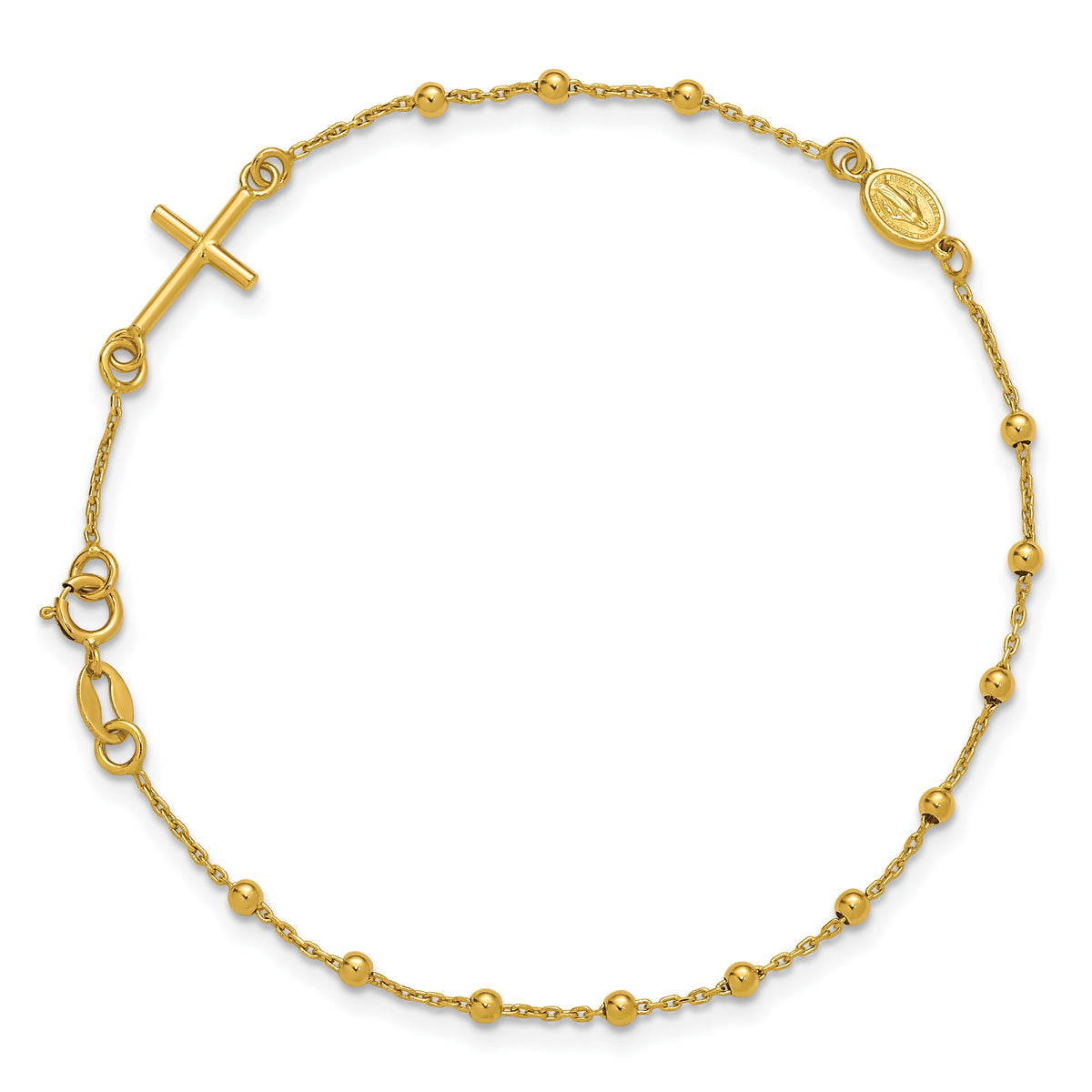 14K Polished Beaded Cross w/.5in ext. Rosary Bracelet