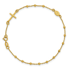 14K Polished Beaded Cross w/.5in ext. Rosary Bracelet
