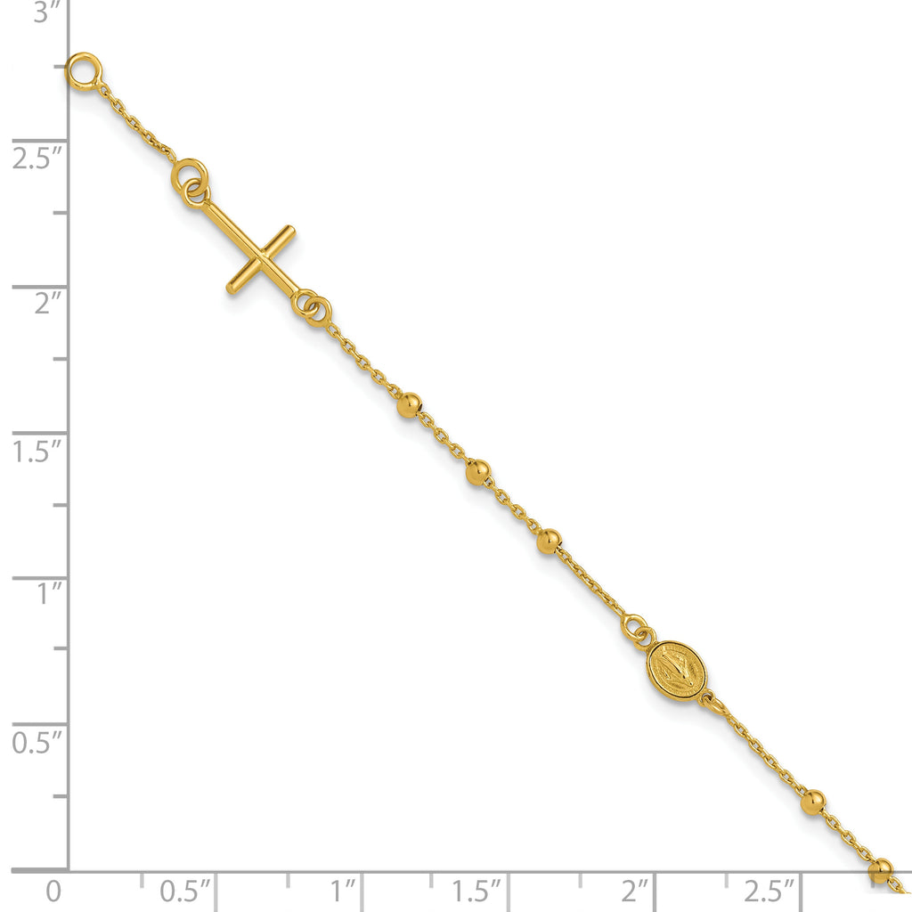 14K Polished Beaded Cross w/.5in ext. Rosary Bracelet