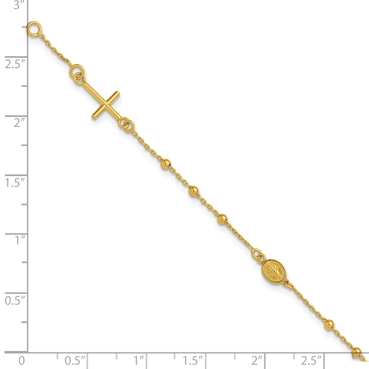 14K Polished Beaded Cross w/.5in ext. Rosary Bracelet