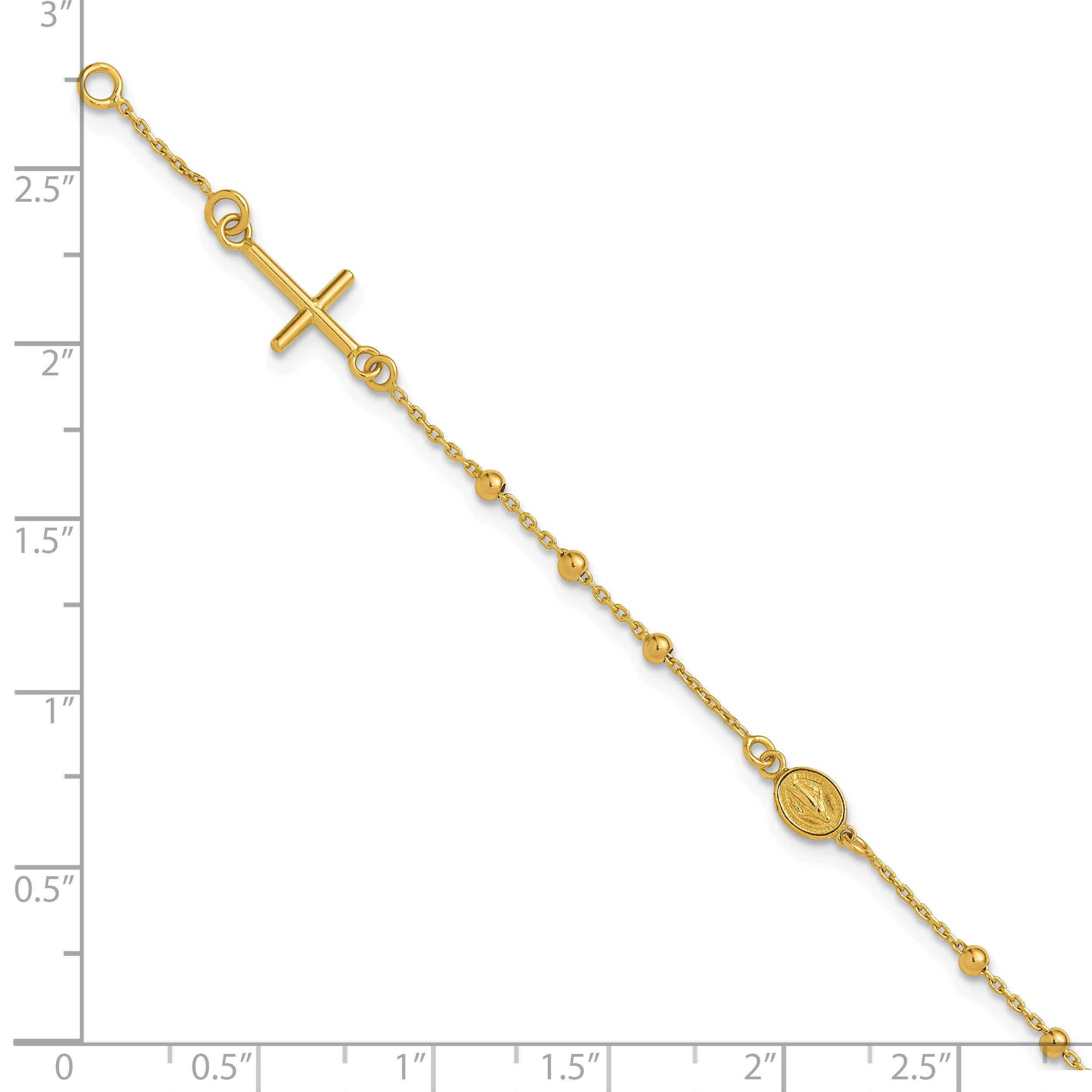 14K Polished Beaded Cross w/.5in ext. Rosary Bracelet