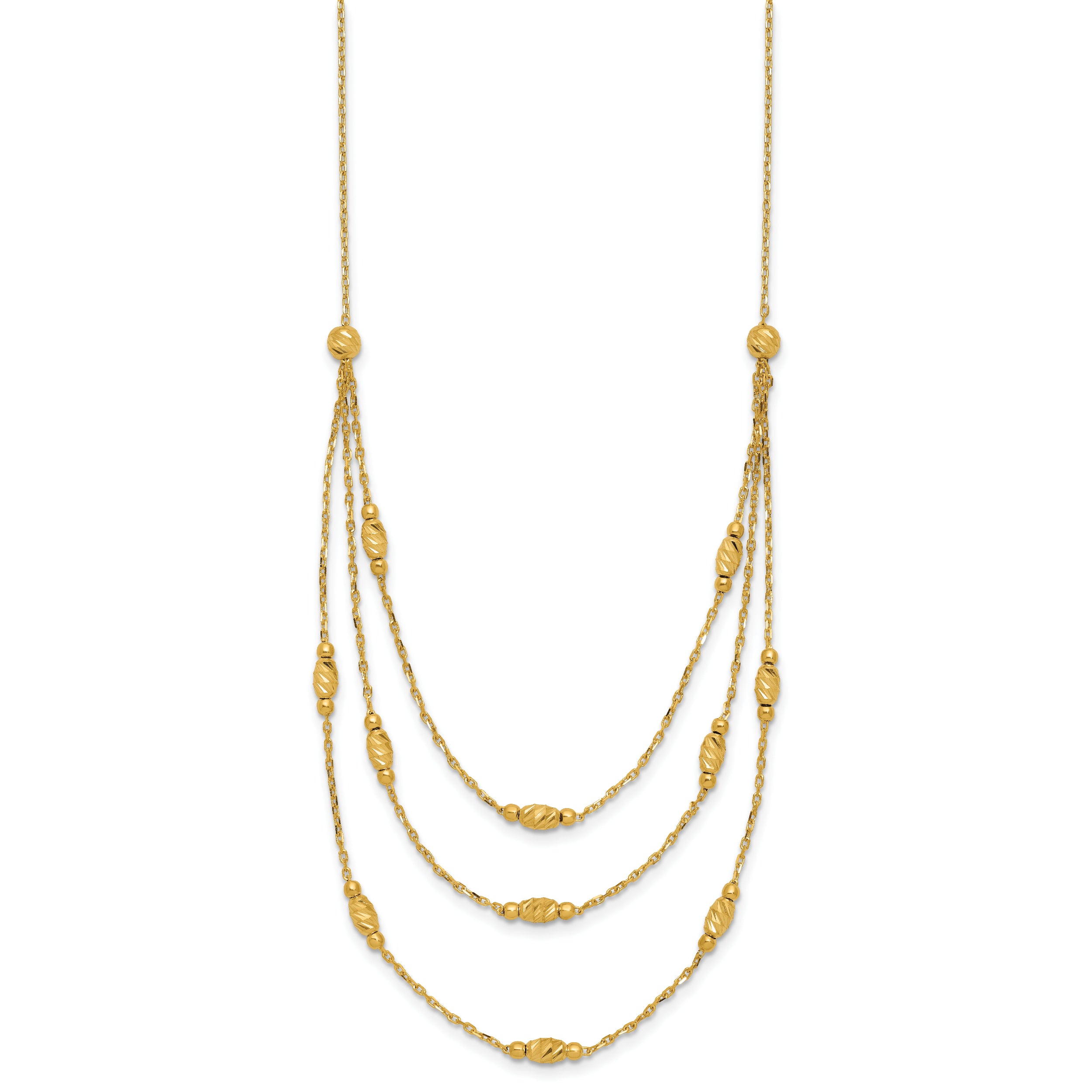 14K Polished and Dia-cut Layered Beaded w/2in ext. Necklace