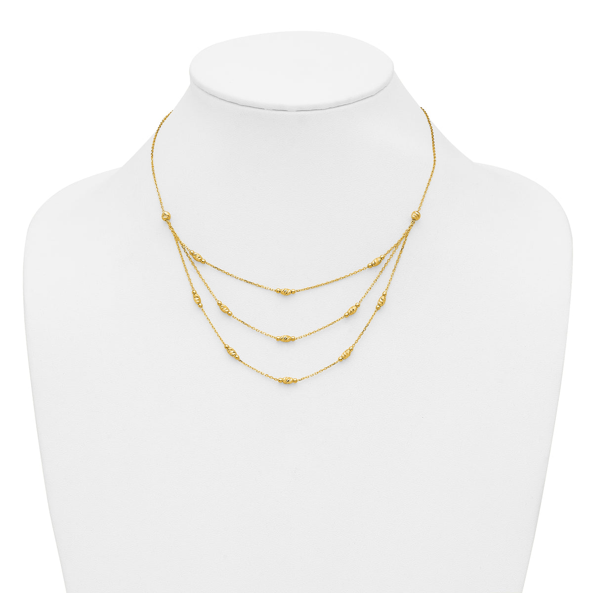 14K Polished and Dia-cut Layered Beaded w/2in ext. Necklace